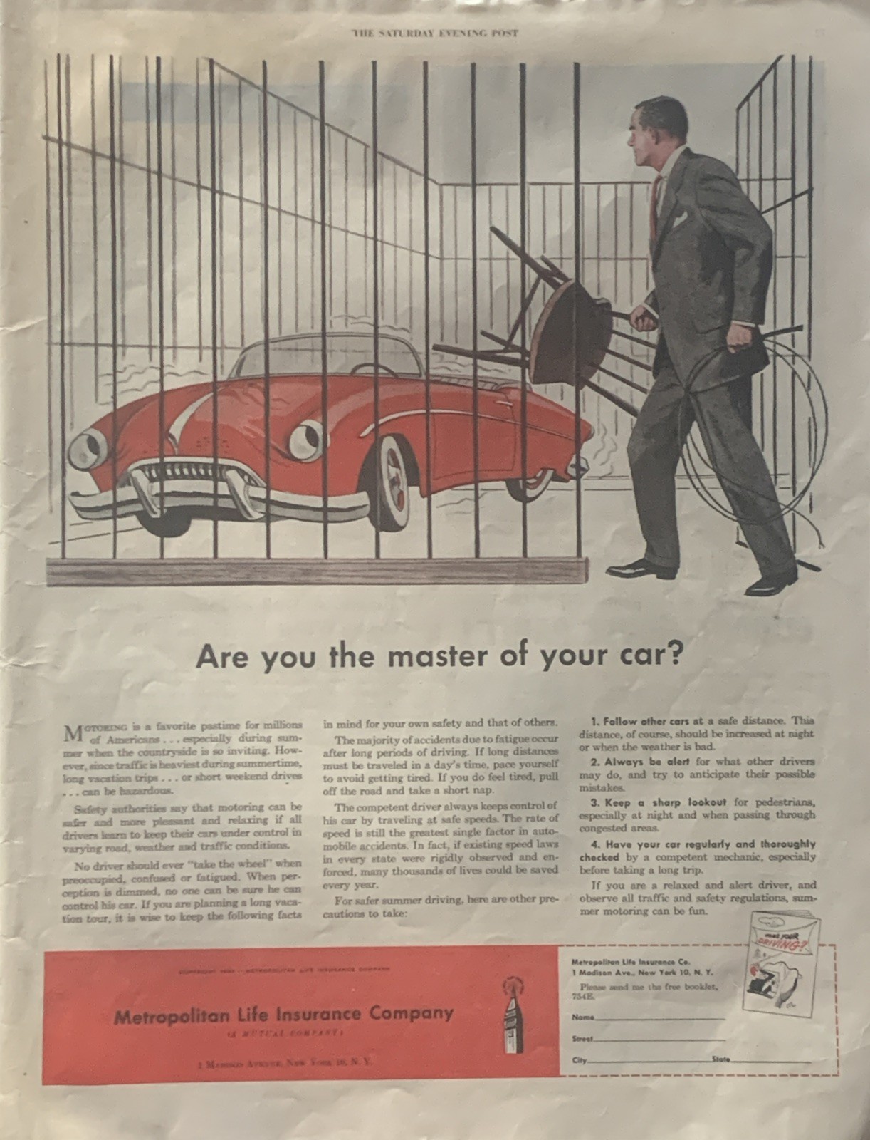 1954 Met Metropolitan Life Insurance PRINT AD Cage Master of Your Car VTG 1950s
