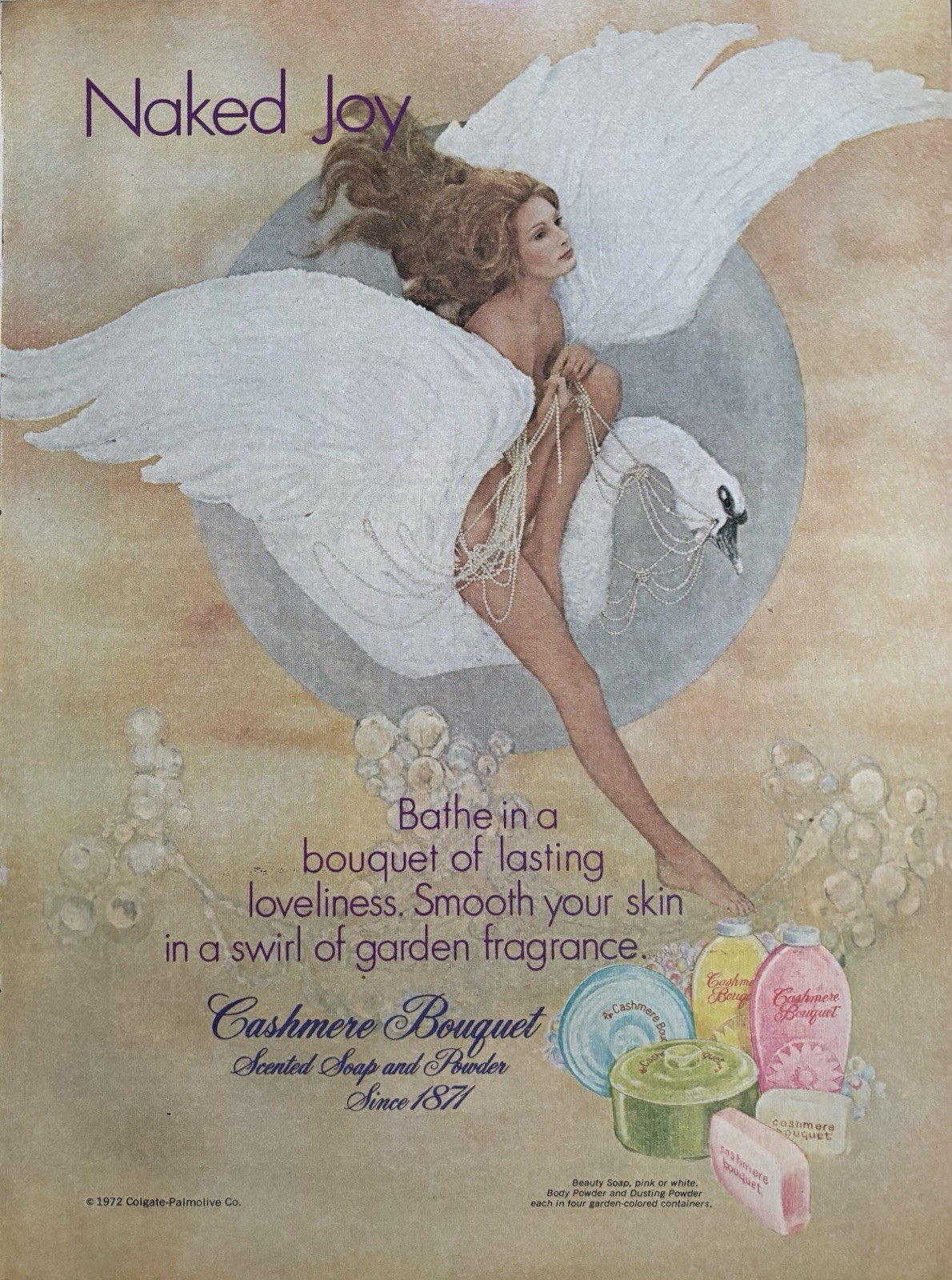 1972 Cashmere Bouquet Original Vintage Advertisement Scented Soap Swan Print Ad