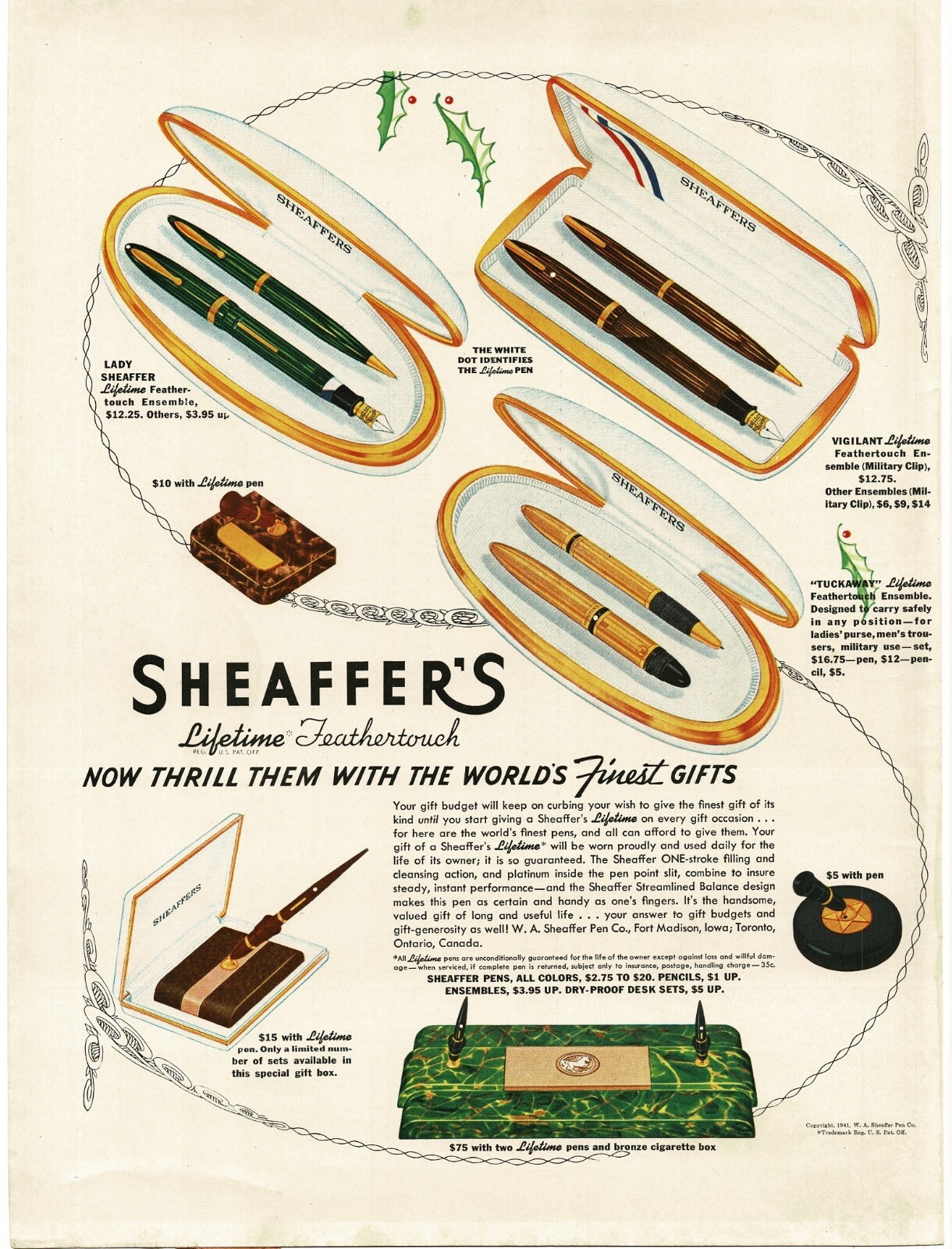 1941 Sheaffer Fountain Pen Pencil Set Lady Vigilant Tuckaway Vintage Print Ad