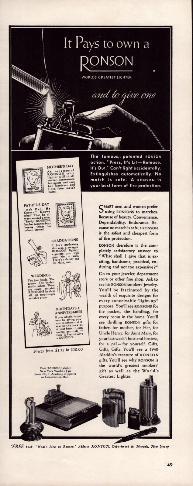 1940 – Ronson Lighters – Vintage Print Ad – World’s Greatest Lighter – Wall Art