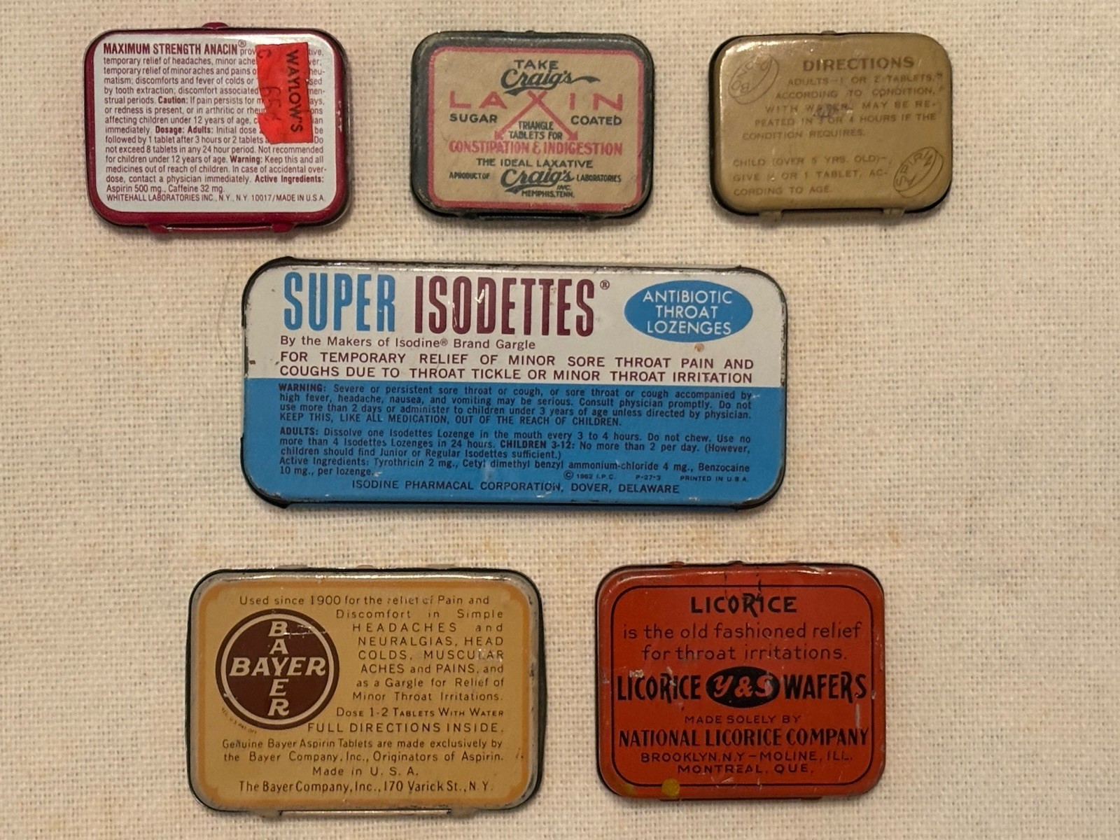Vtg Medicine Tin Lot Of 6 Aspirin Cold Cough Bayer Y & S Bonded Craig’s Anacin +