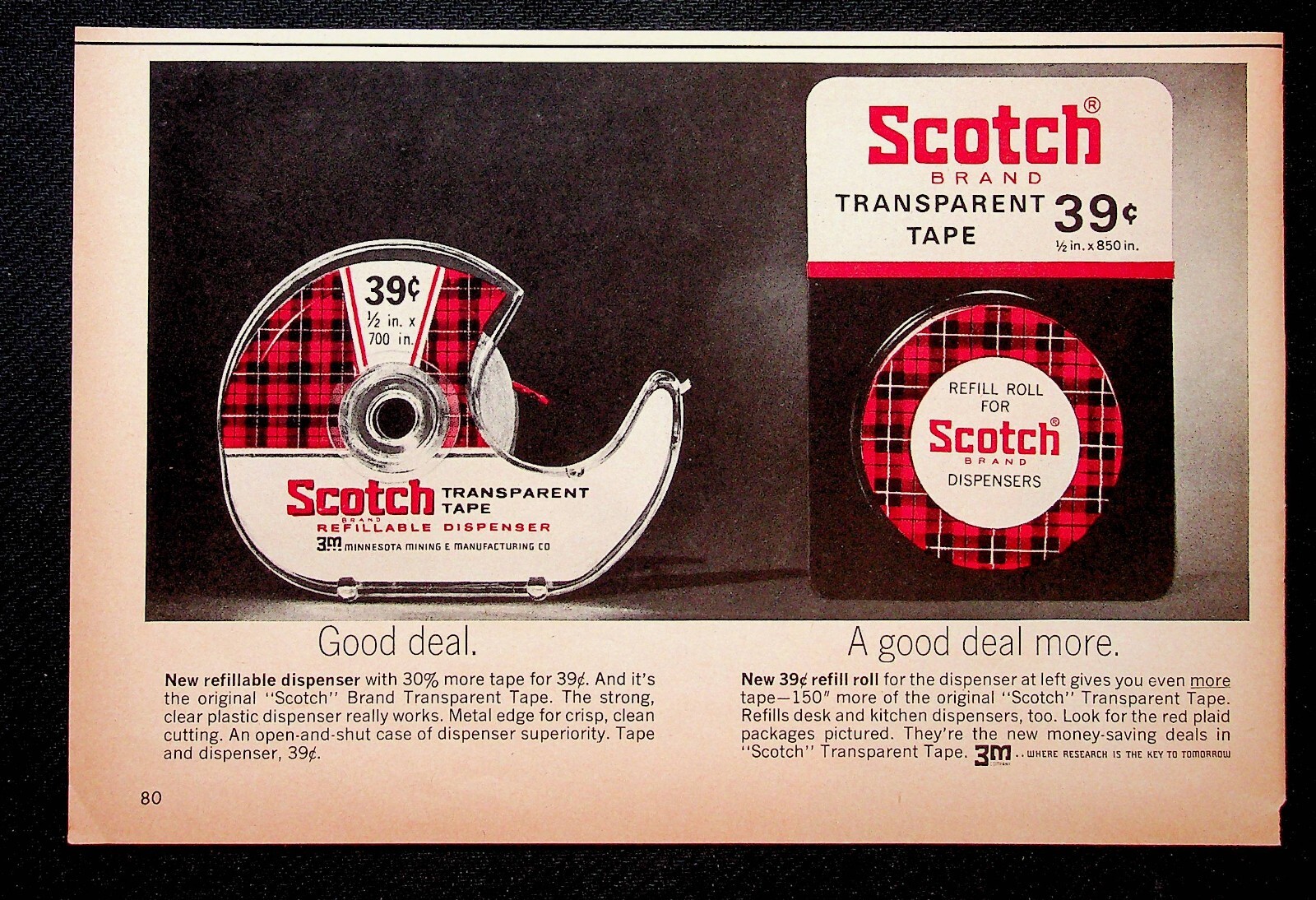 Scotch Brand Transparent Tape Refillable Dispenser Plaid, 1963 Look VTG Print Ad