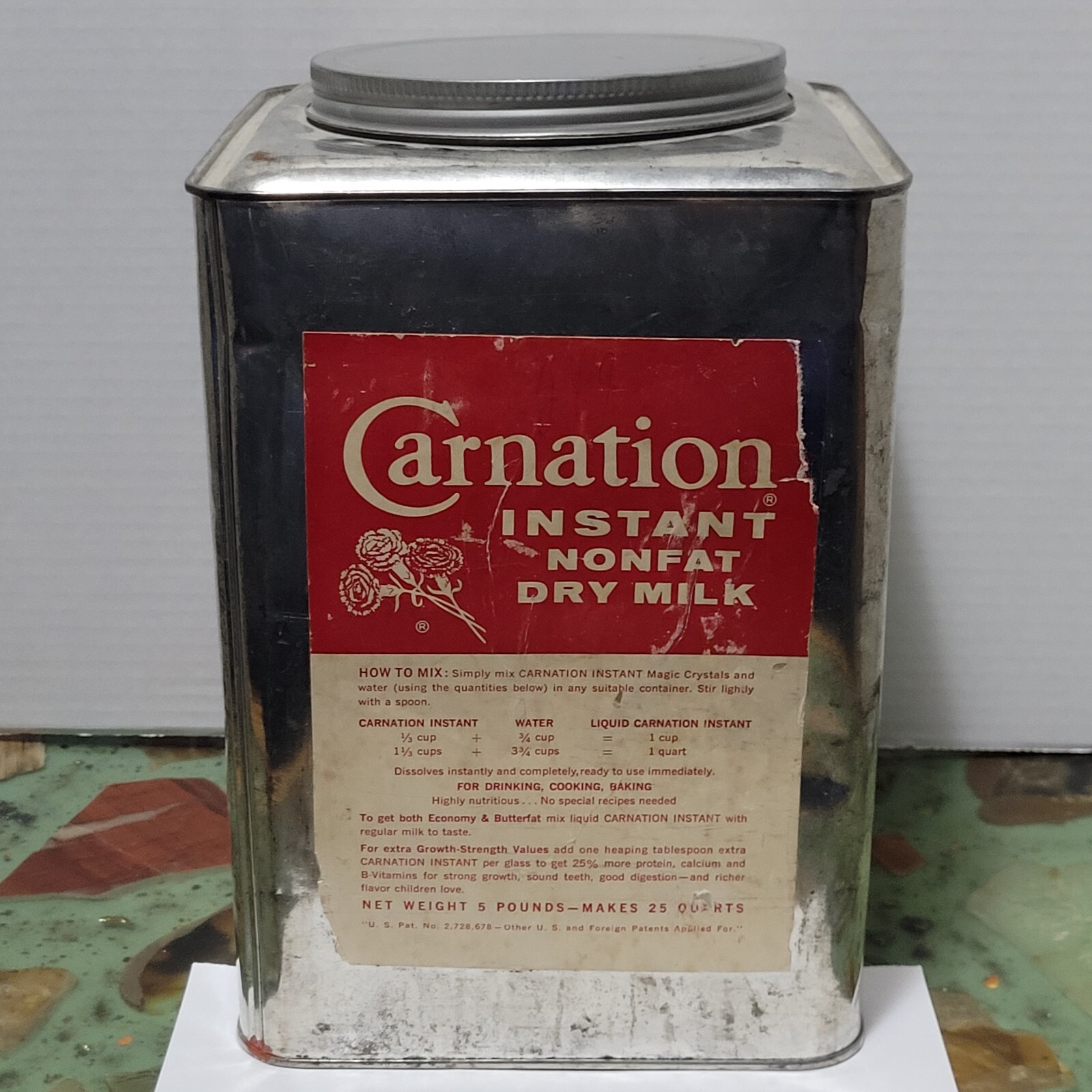 Vintage Carnation Instant Nonfat Dry Milk Tin Can Net Wt. 5lbs Empty Paper Label