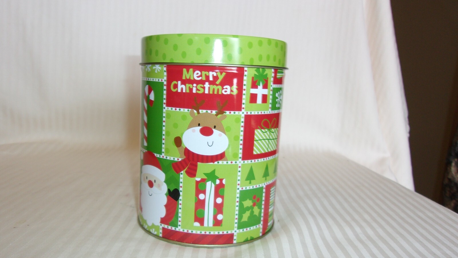 Santa & Reindeer Merry Christmas Decorative Round Metal Tin 5.25″ Tall