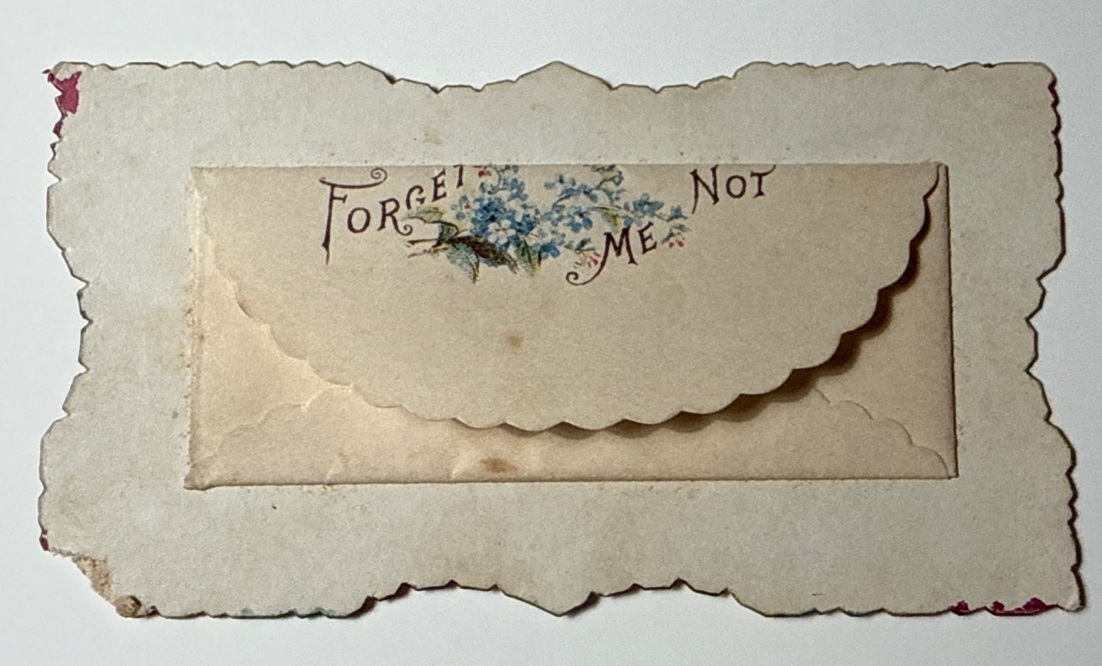 Emma M Gabel Envelope Forget Me Not Die cut Victorian Calling Card 1880 antique