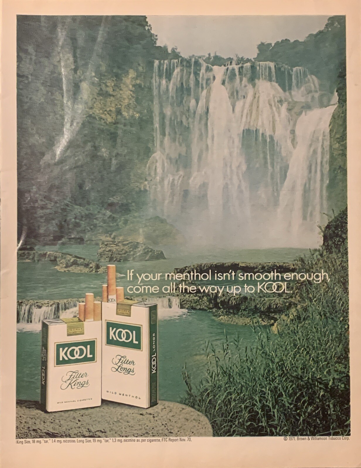 1971 Kool Menthol Cigarettes PRINT AD Waterfall – Come All The Way Up VTG 1970s