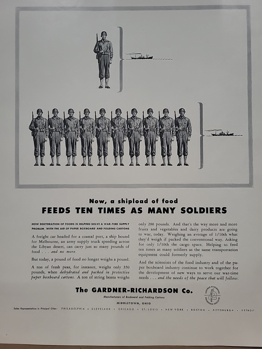 1942 The Gardner-Richardson Co. Fortune WW2 Print Ad Q3 U.S. ARMY Soldiers Ship