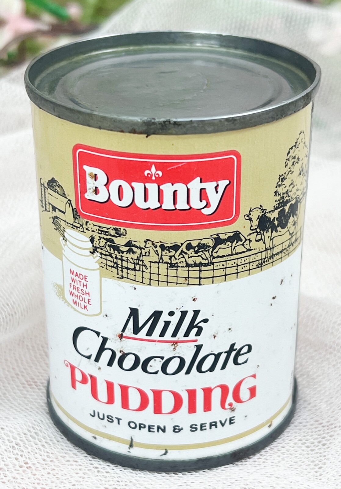 1950s Advertising 3″ Mini Tin Can BOUNTY MILK CHOCOLATE PUDDING—SEALED EMPTY