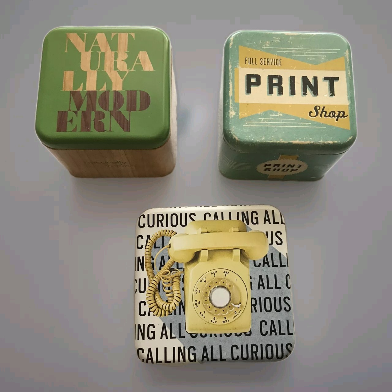 Lot 3 Empty FOSSIL Watch Boxes Collectible Tins Yellow Rotary Phone Print Shop