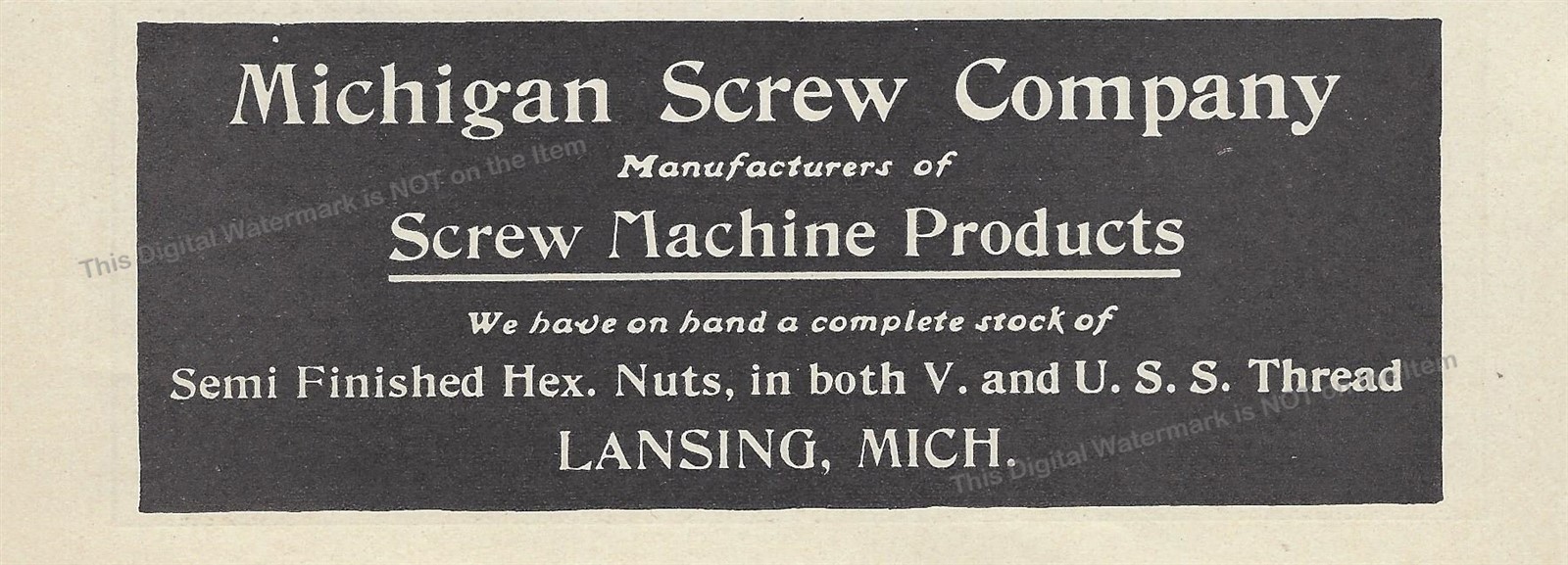 1910 Michigan Screw Co Lansing AD * Screw Machine Products Hex Nuts