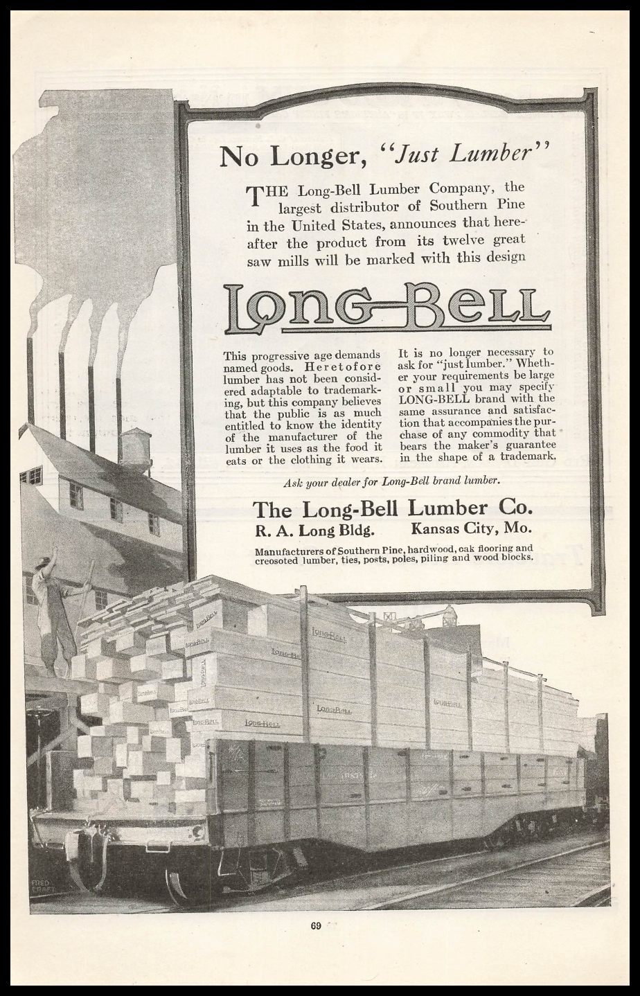 1914 Long Bell Lumber Company Kansas City Missouri Train Car Vintage Print Ad