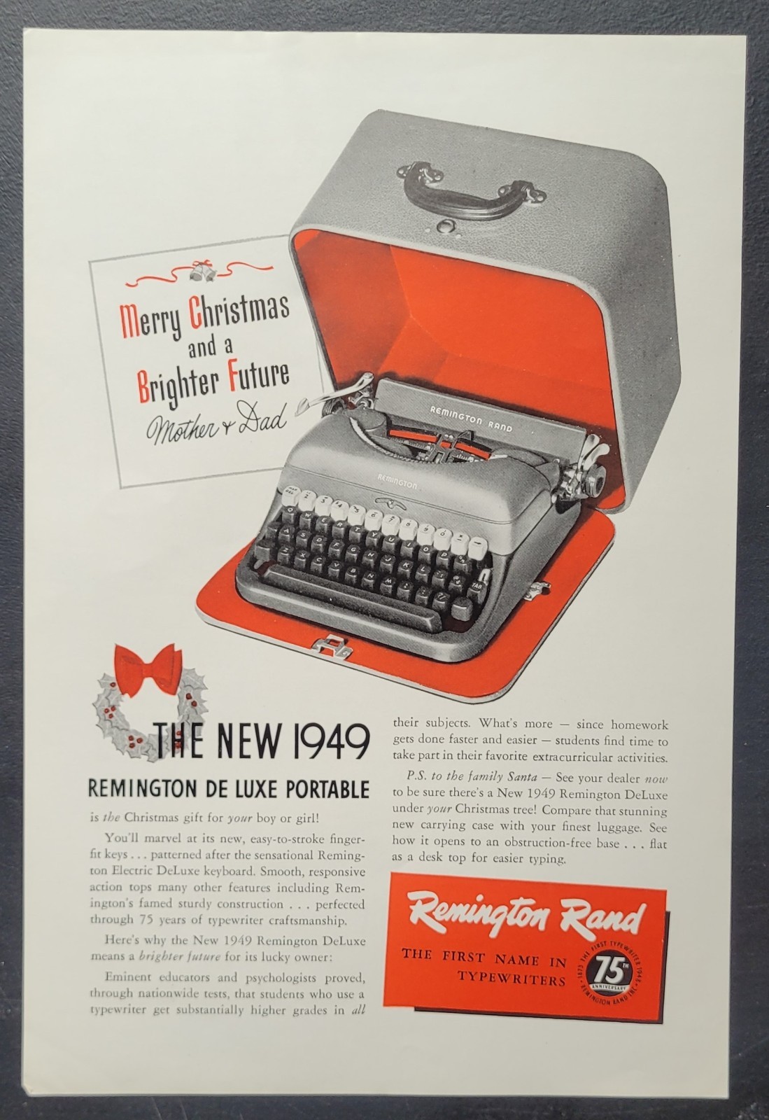 1948 Vintage Remington Rand 1949 De Luxe Portable Typewriter for 1949 Print ad