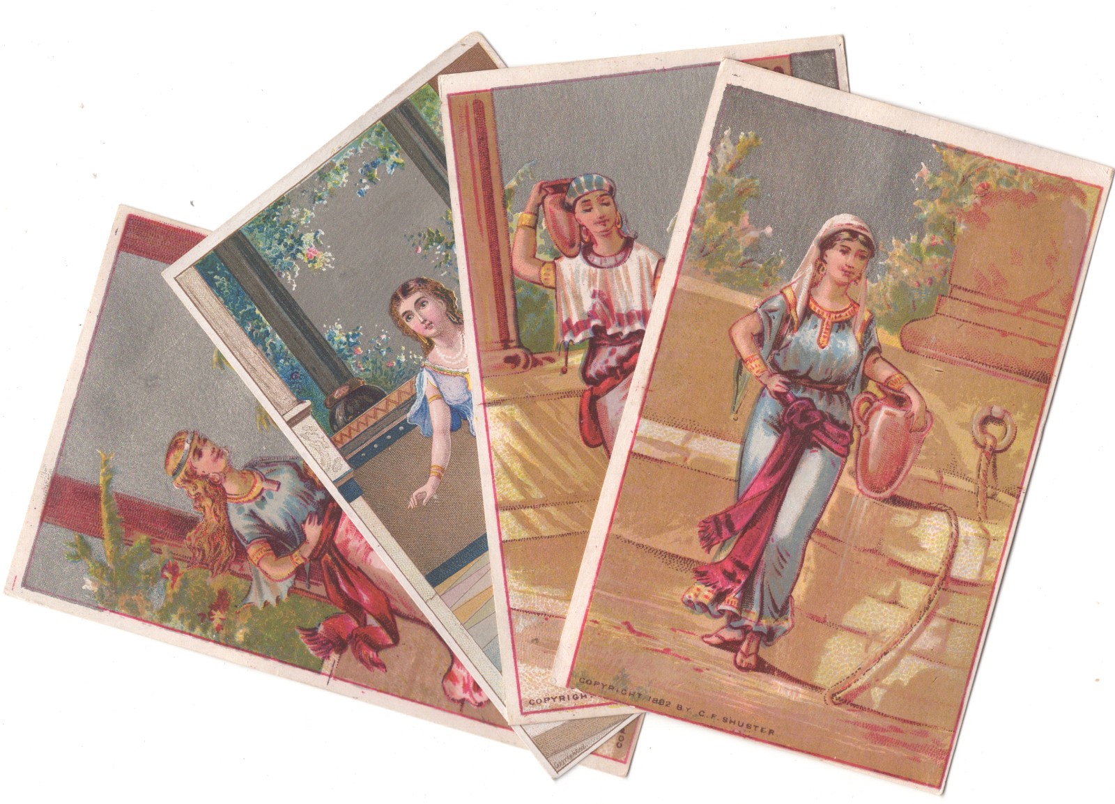 1882 (4) CF SHUSTER, UNUSED OLD STOCK, VICTORIAN TRADE CARDS PRETTY LADIES C42