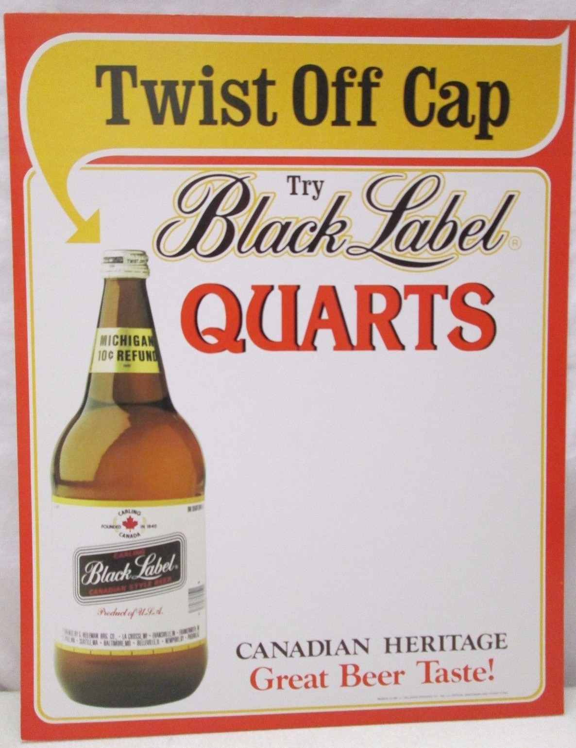 Vtg Carling Black Label Quart Beer Cardboard Store Counter Display Sign Heileman