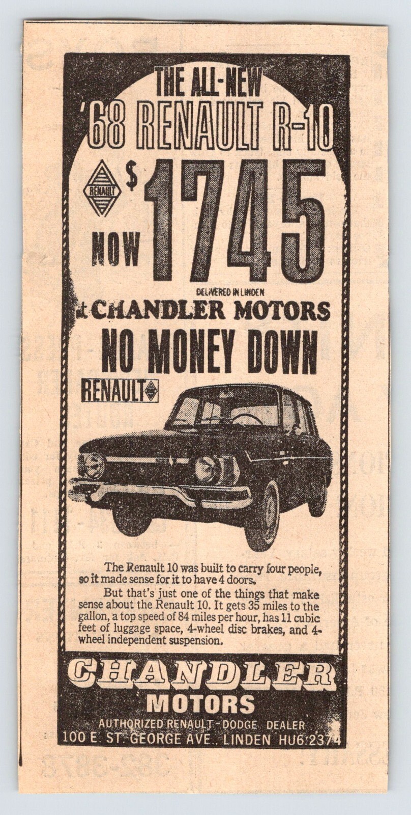 1968 RENAULT R-10 CAR CHANDLER MOTORS LINDEN NJ Vtg 3.5″X7.5″ Newspaper Ad M408