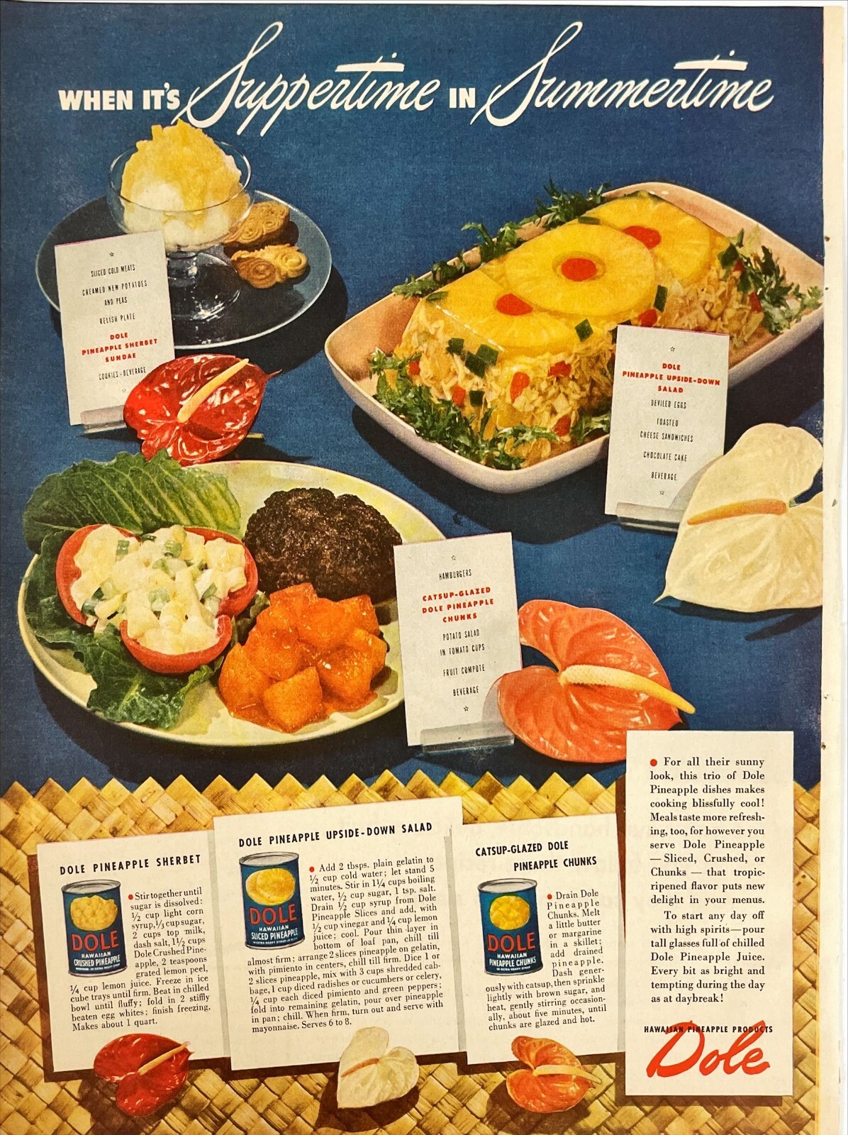 Retro Kitchen Decor Housewife Summer Recipe Dole Pineapple Vtg Print Ad 1946