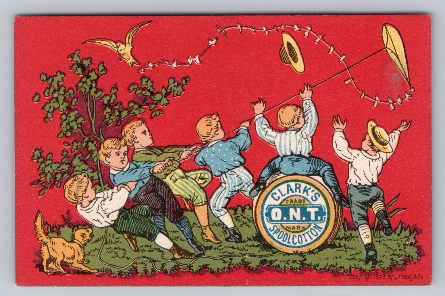 L Prang Clark’s ONT Spool Cotton Trade Card 1878 Calendar Boys Flying Kite