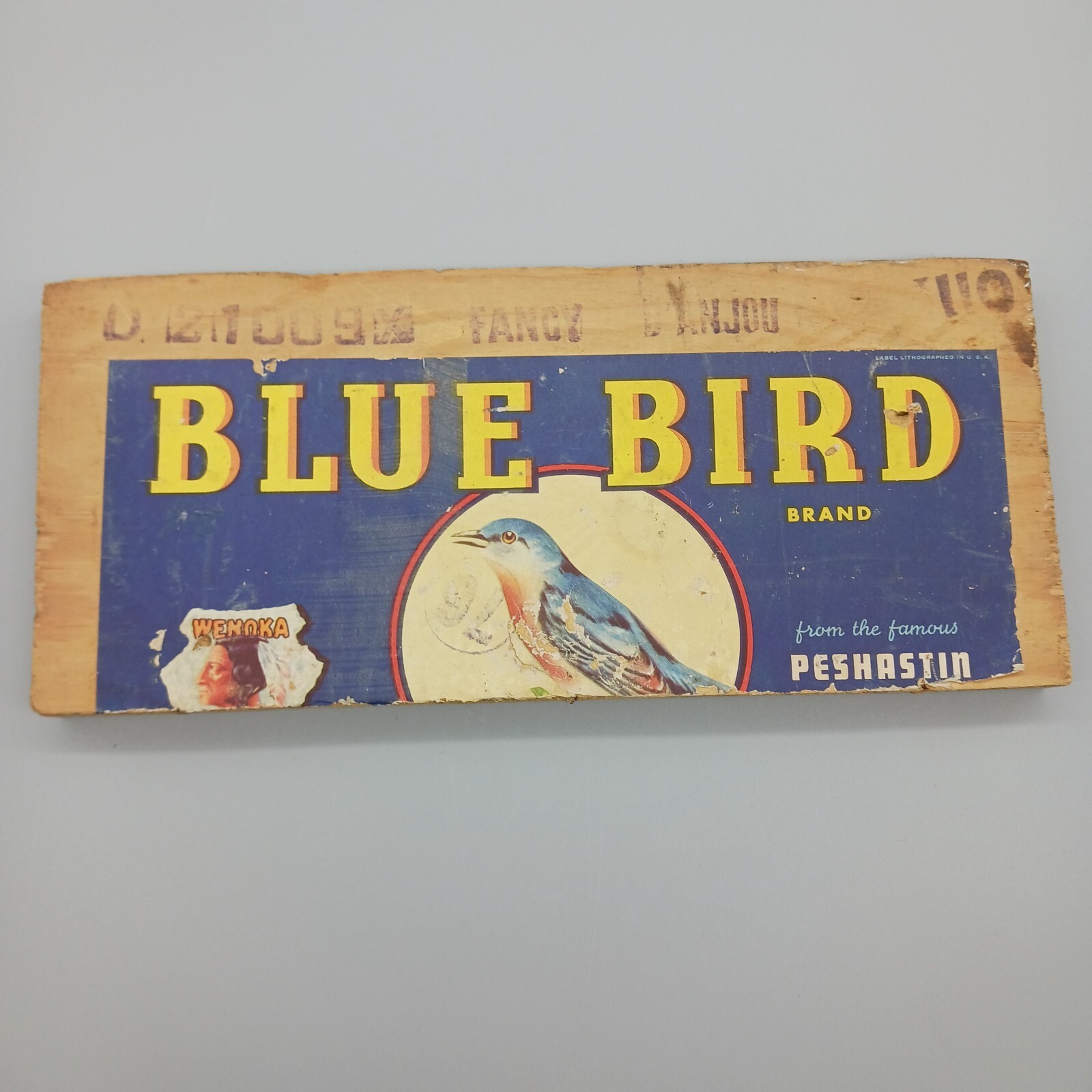 Vintage Blue Bird Pear Wooden Crate End Wenoka USA 11.5in x 5in