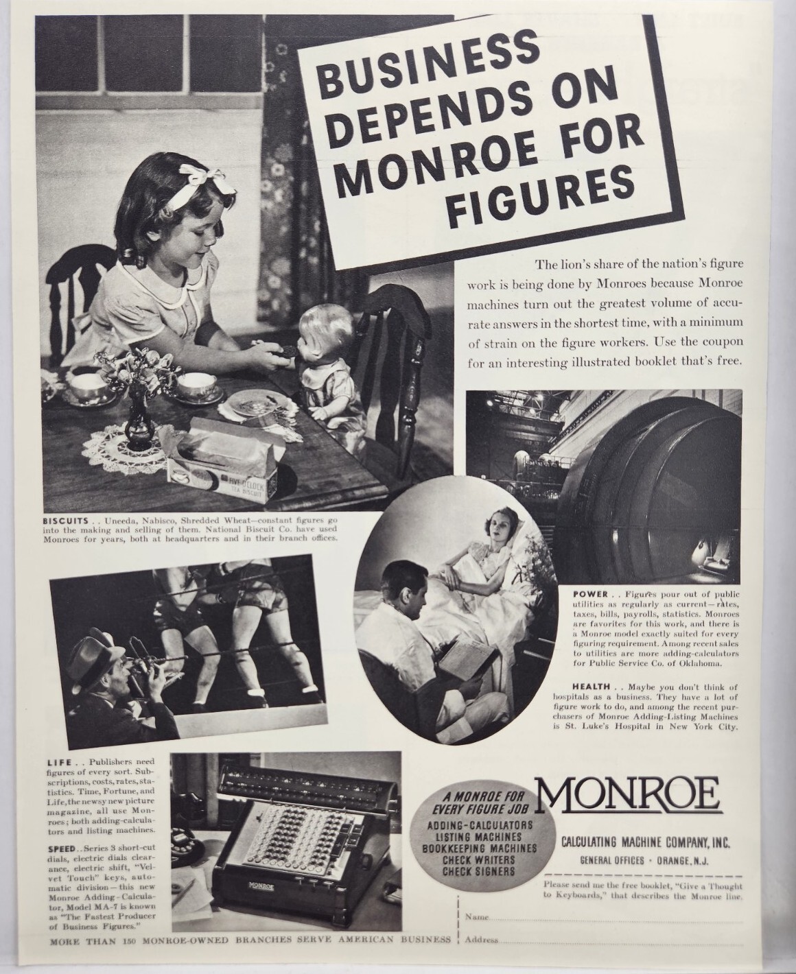 1937 Monroe Calculating Machine Calculators Original Print Ad Life Magazine 30s