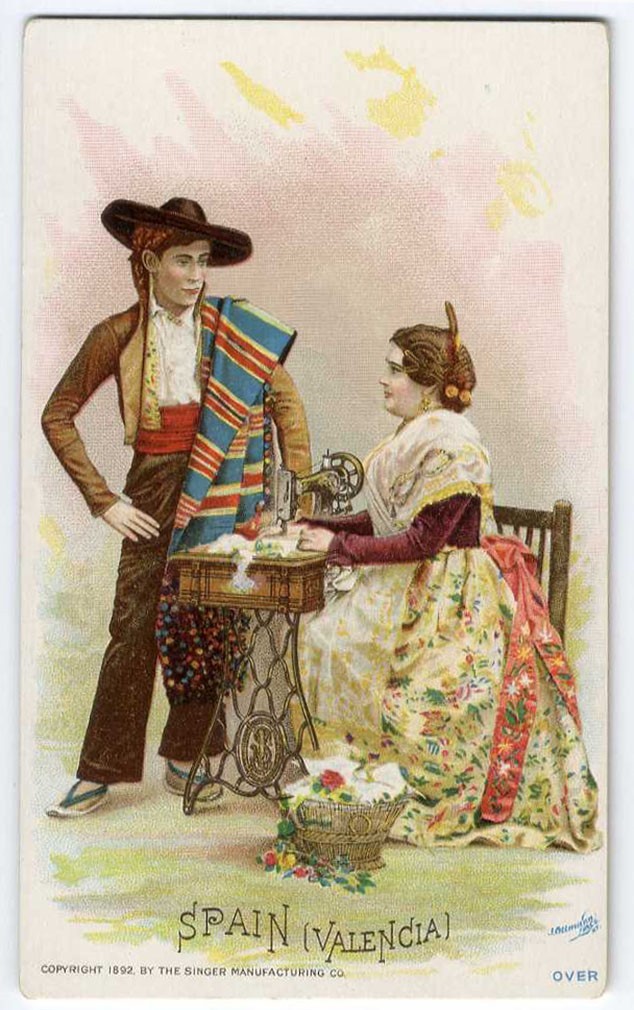 SPAIN Valencia SINGER SEWING MACHINE 1892 Victorian Trade Card Italian Man Woman