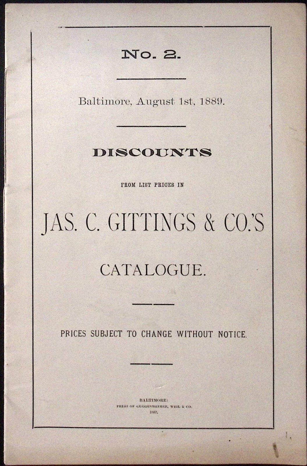 1889 Jas c Gittings & Co Discounts From Catalogue No. 2 Price List Hardware