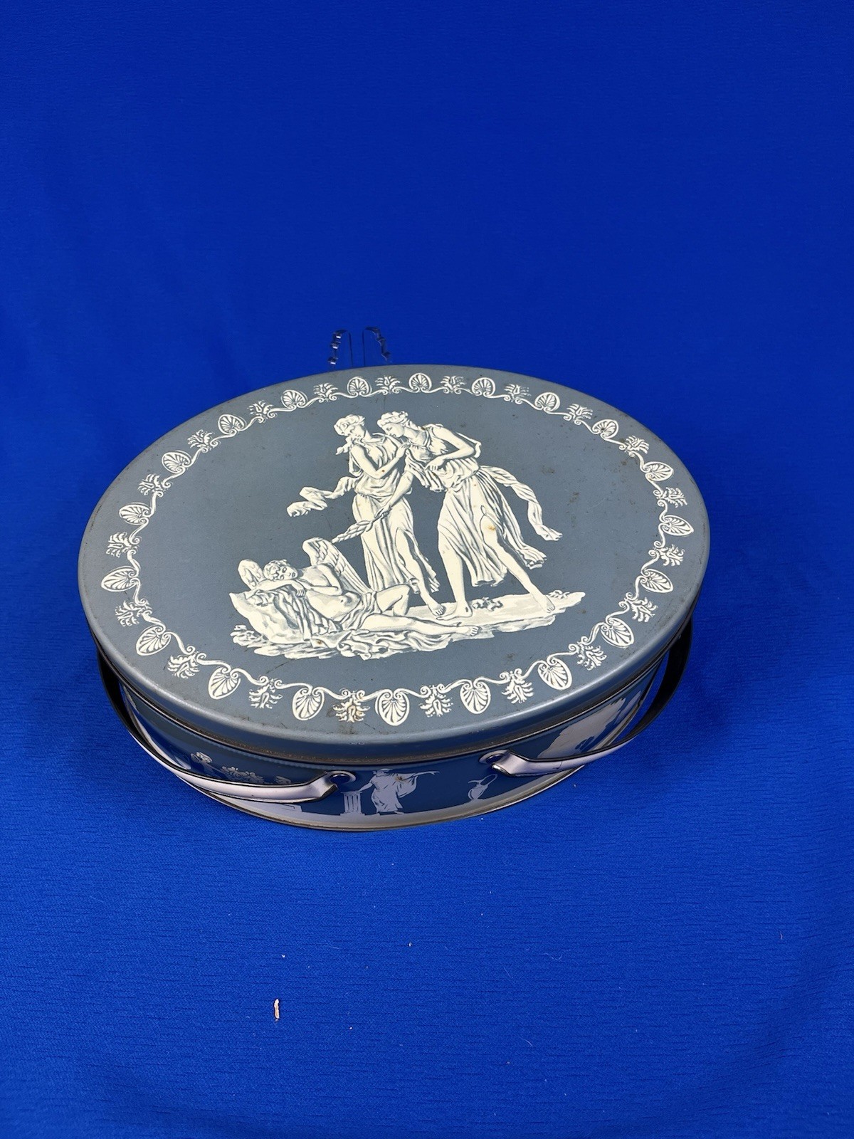 Vintage Wedgwood Style White Blue Ornate Tin With Handles Large Sewing Art Box