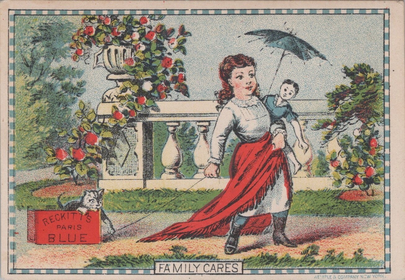 Reckitt’s Paris Blue Girl Doll Pulling Cat Kitten In Box Umbrella Leeming KPV1