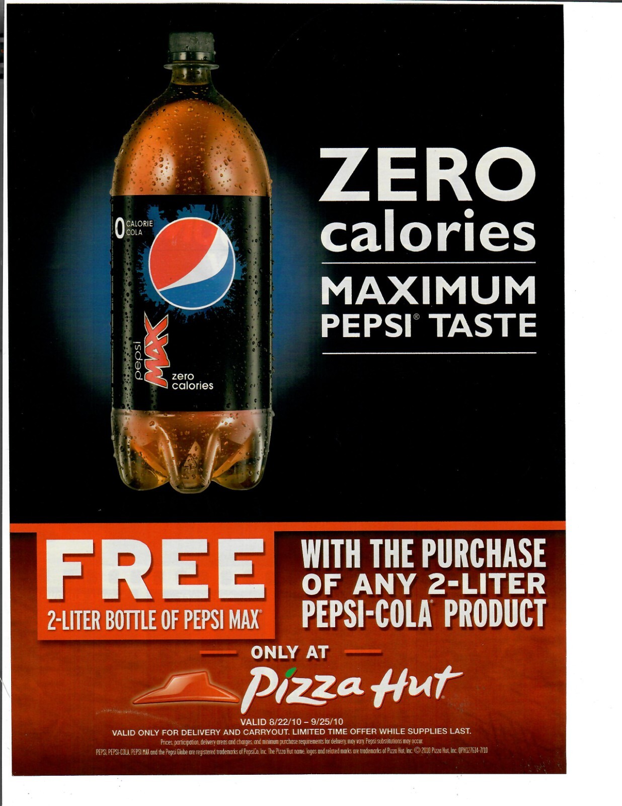 2010 Print Ad Pepsi Maxx Zero Calories Deal Only At Pizza Hut Soft Drink