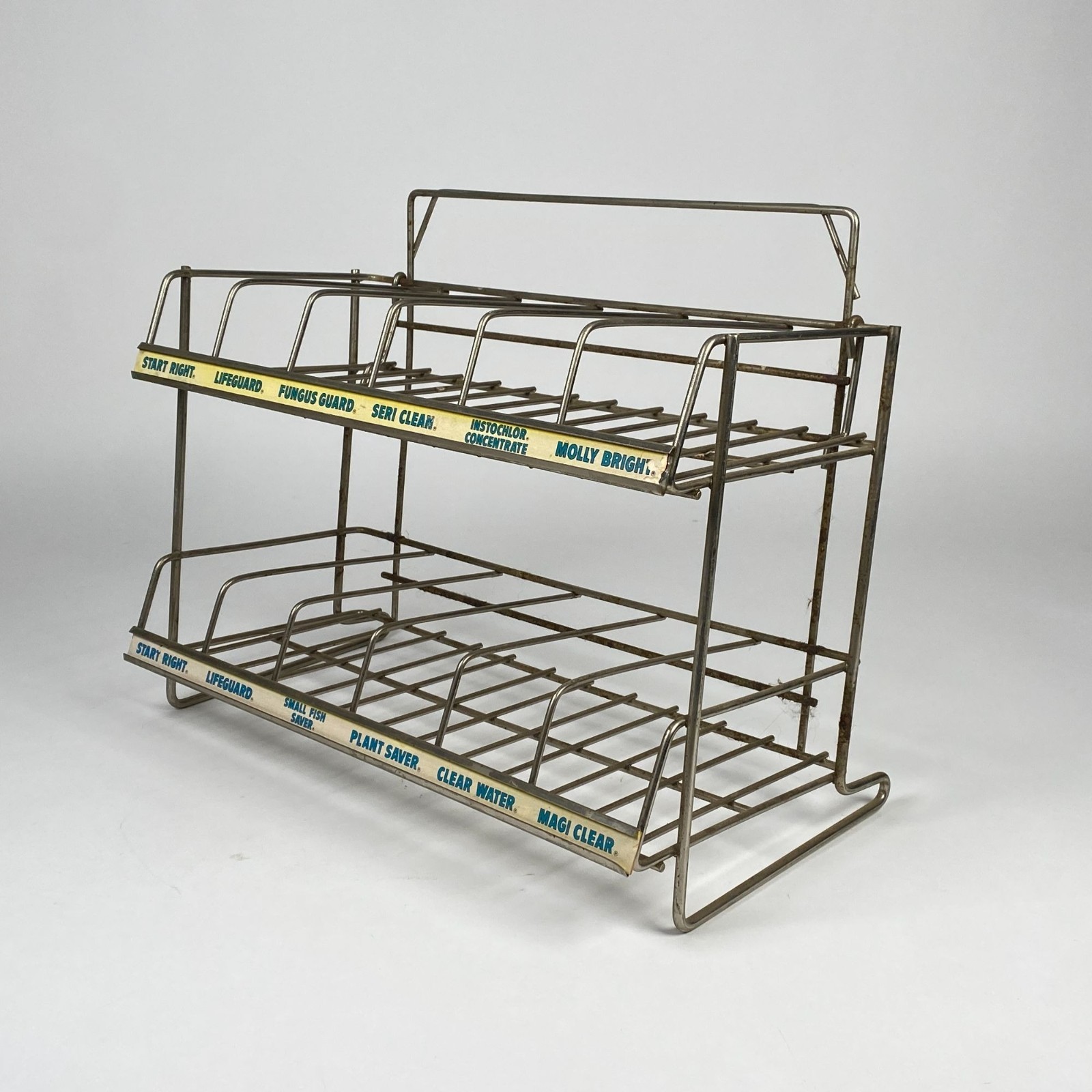 Vintage Two Tiered Wire Metal Display Rack Product Labels General Store