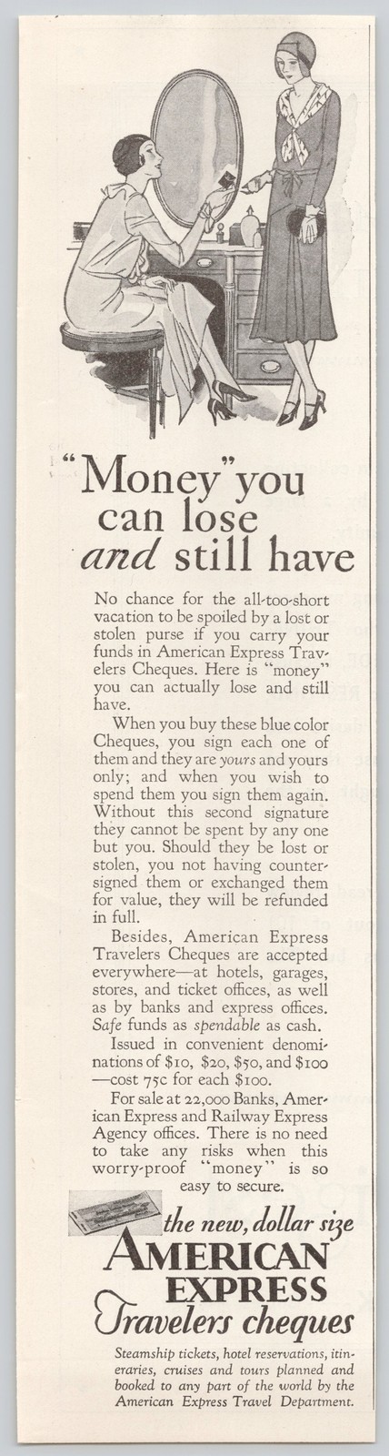 Travelers Cheques American Express Travel 1930s Flapper Girls Print Ad