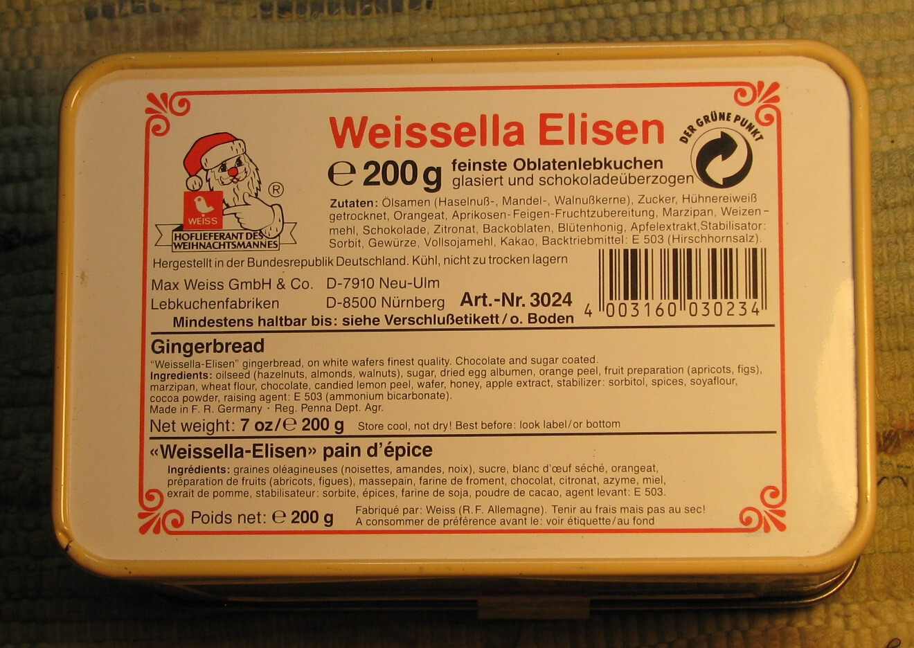Weissella Elisen Nuremberg Gingerbread Tin Box 1996 Germany NO MUSIC