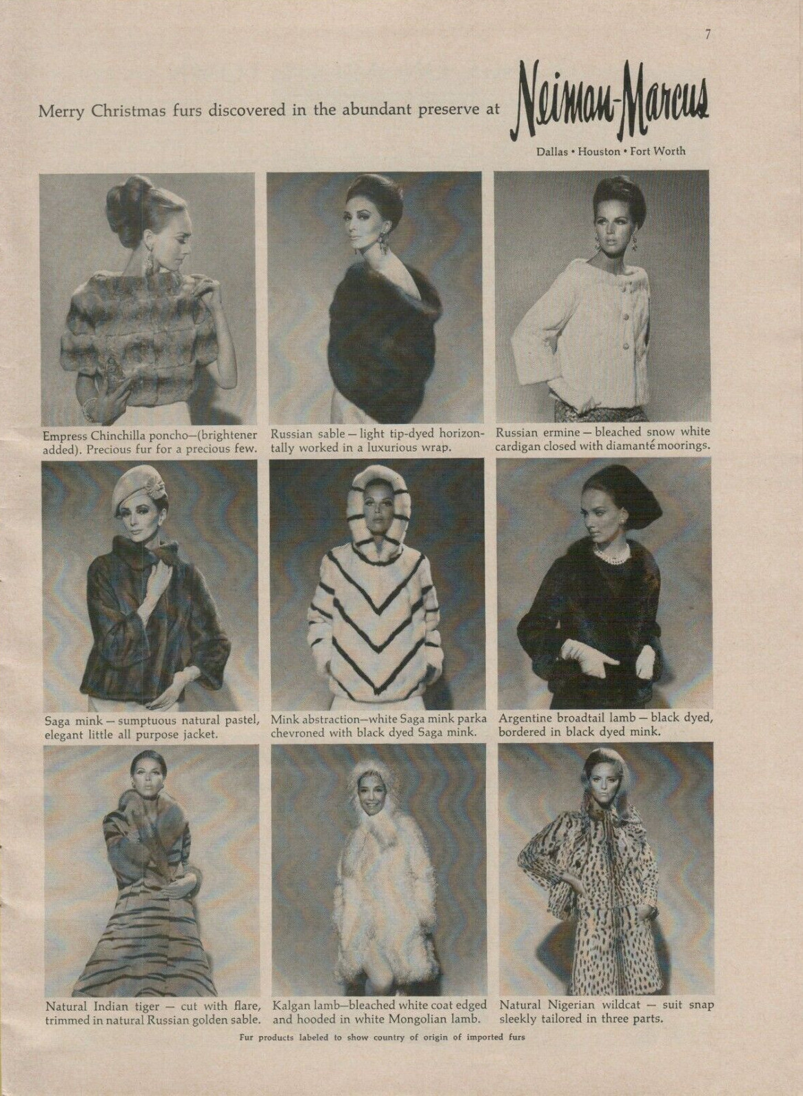 1966 Neiman Marcus Merry Christmas Furs Chinchilla Mink Lamb VINTAGE PRINT AD