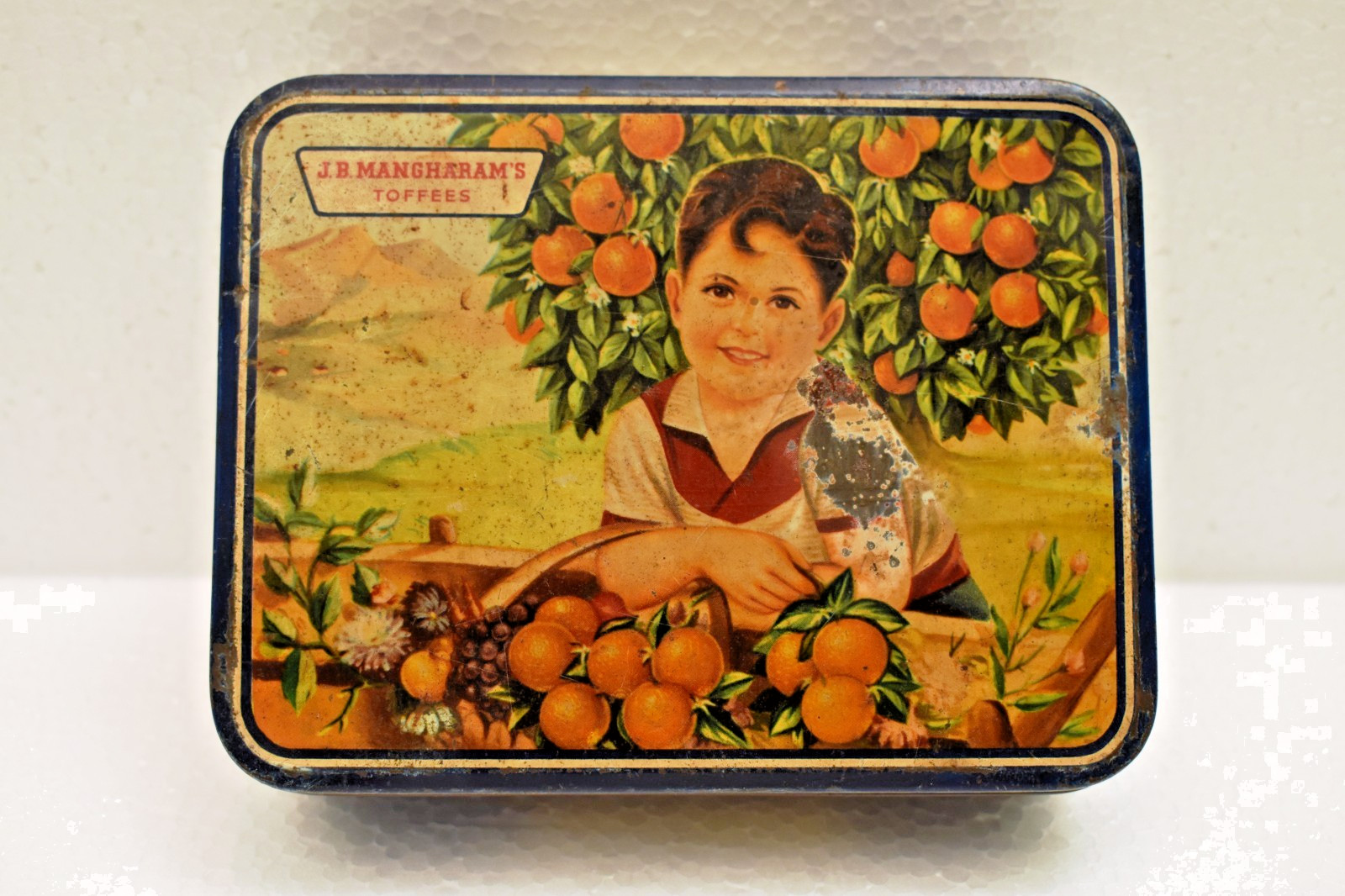 Vintage J.B. Mangharam Toffees Empty Advertising Tin Box Gwalior India Child Art