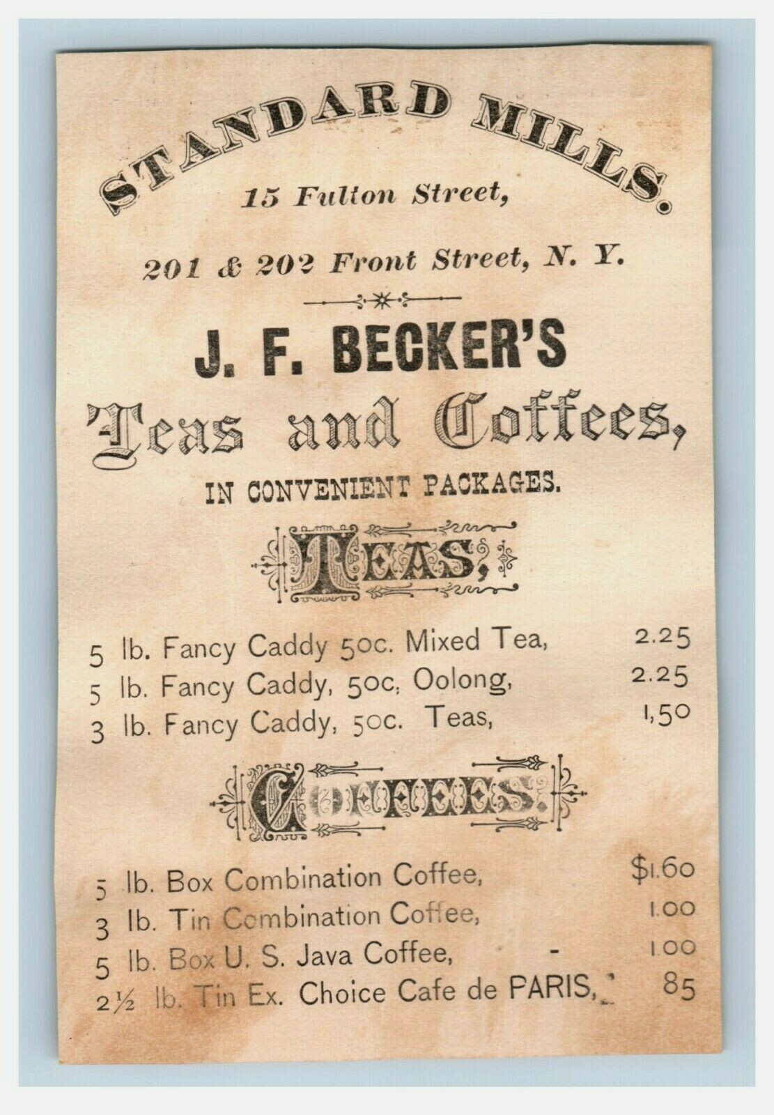 1880s Standard Mills J.F. Becker Teas & Coffees With Prices P226