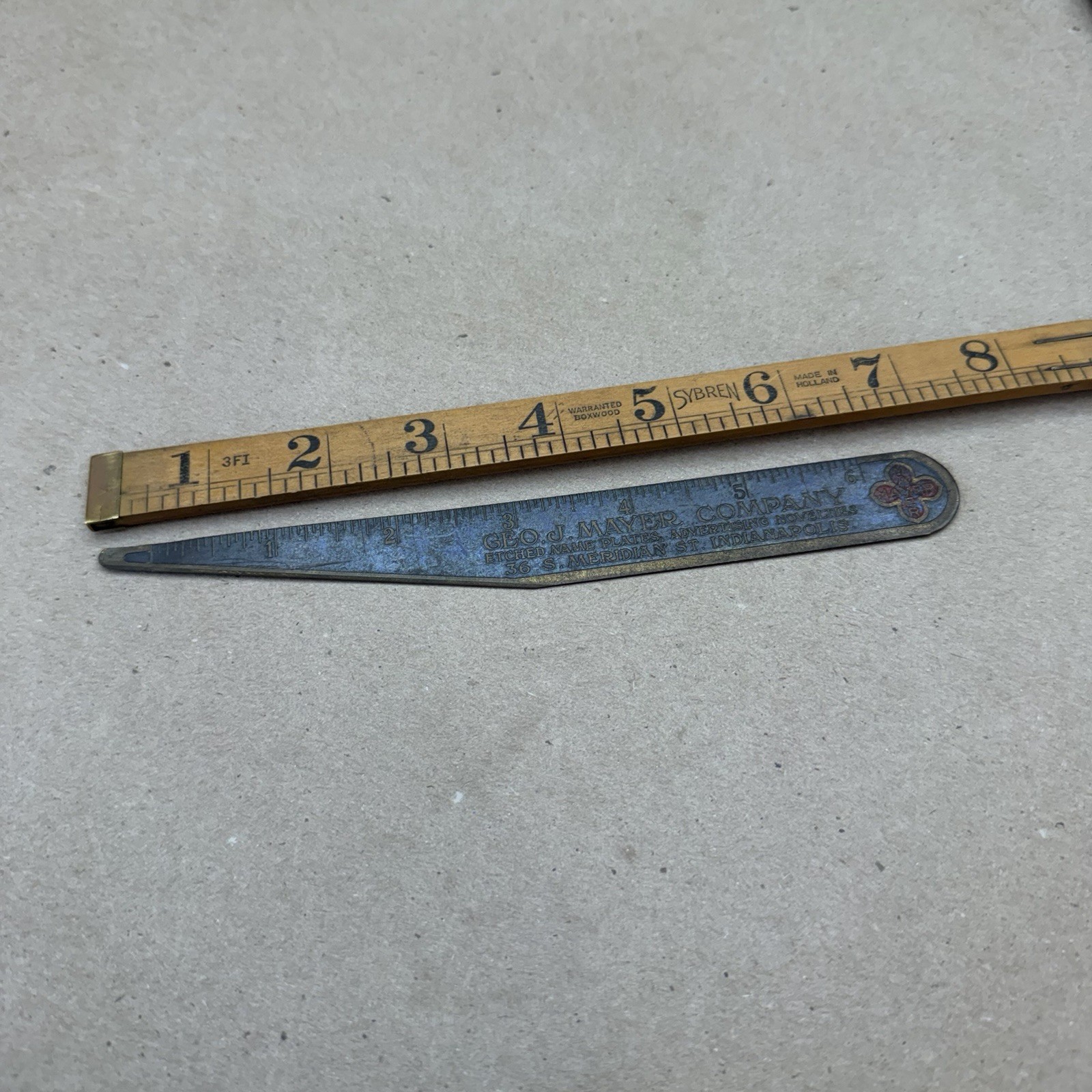 Antique Advertising Brass Metal Ruler Mayer Co Etched Indianapolis Letter Opener