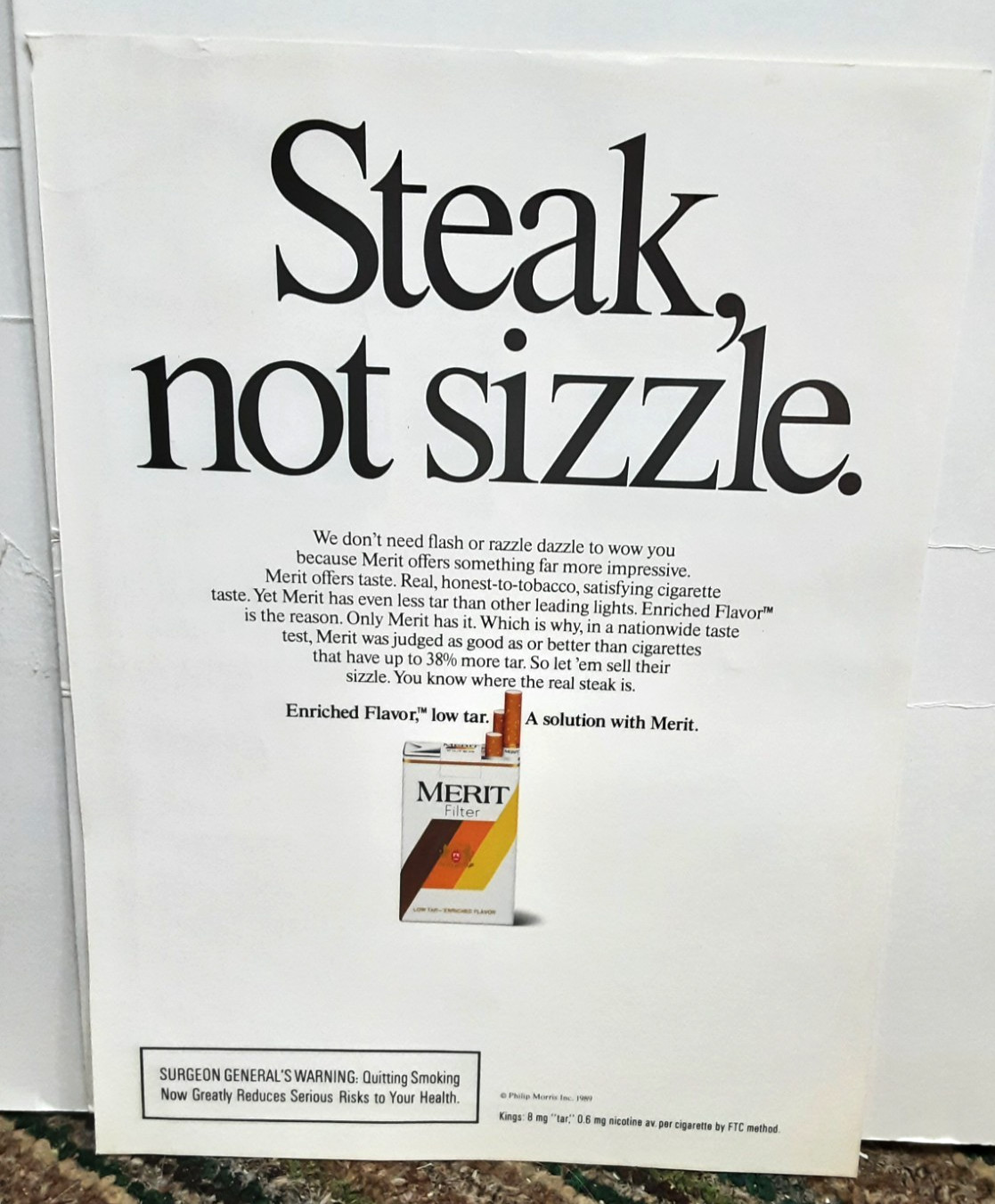 Merit Cigarettes 1989 Vintage Print Ad Steak Not Sizzle Low Tar Tobacco