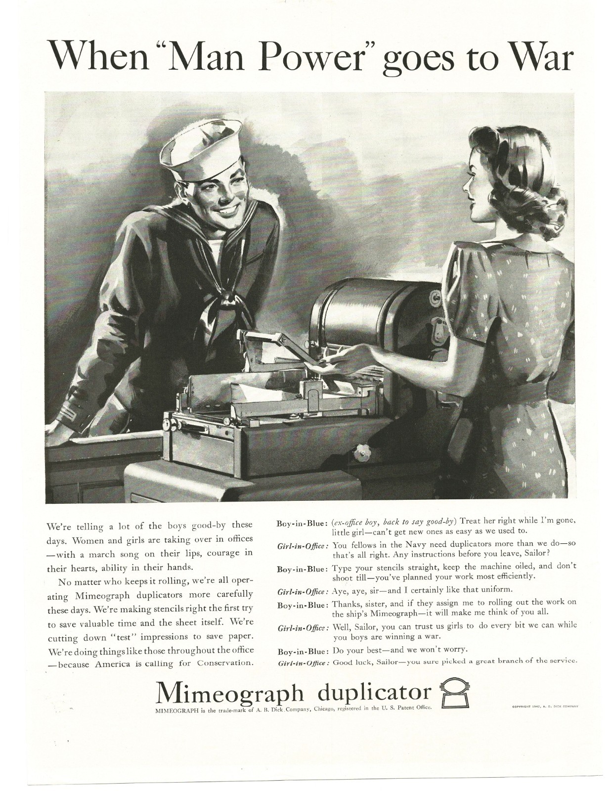 1942 Mimeograph WW2 Vintage Print Ad Art US Navy Sailor Office Conservation