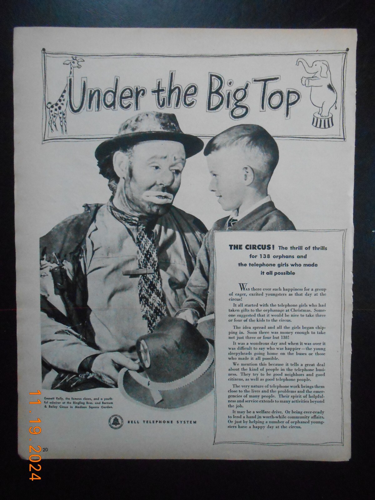 1949 Emmett Kelly Circus Clown Bell telephone PRINT AD Beech-Nut chewing Gum