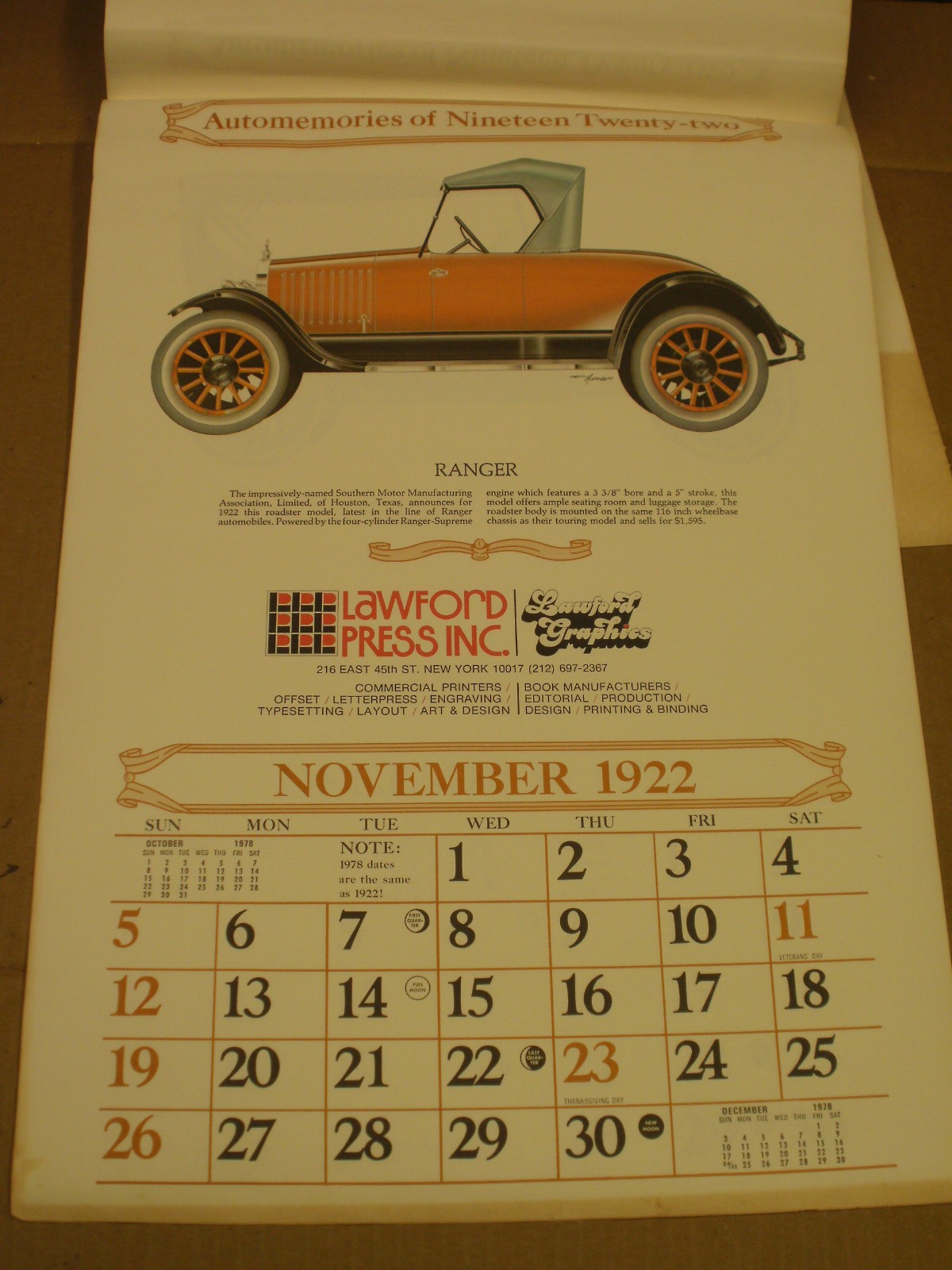 Lawford Press/Graphics, Shaw-Barton Coshocton, OH, Automemories Of 1922 Calendar