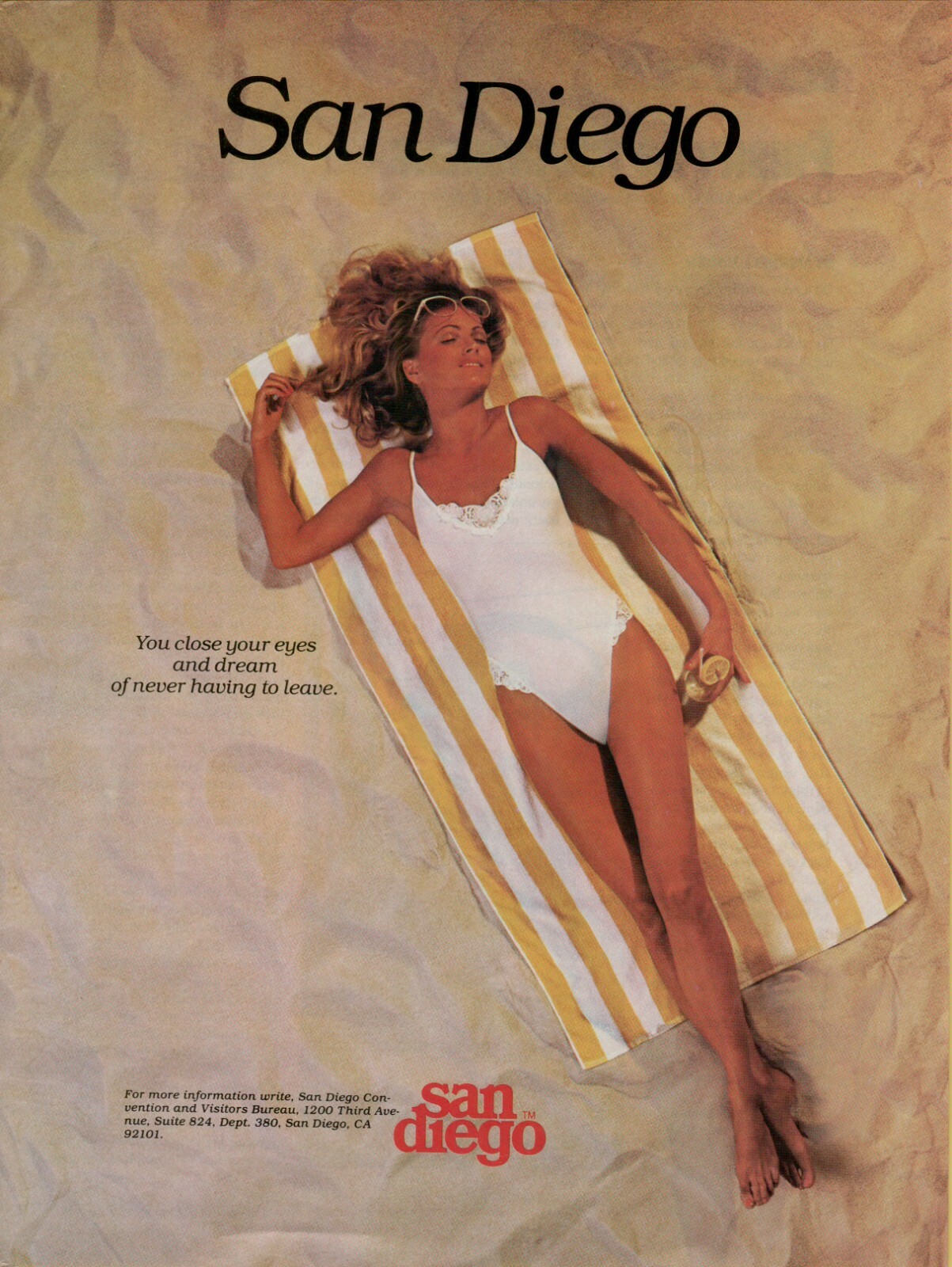 1988 San Diego Tourism Blonde White Bathing Suit Towel Beach Vintage Print Ad