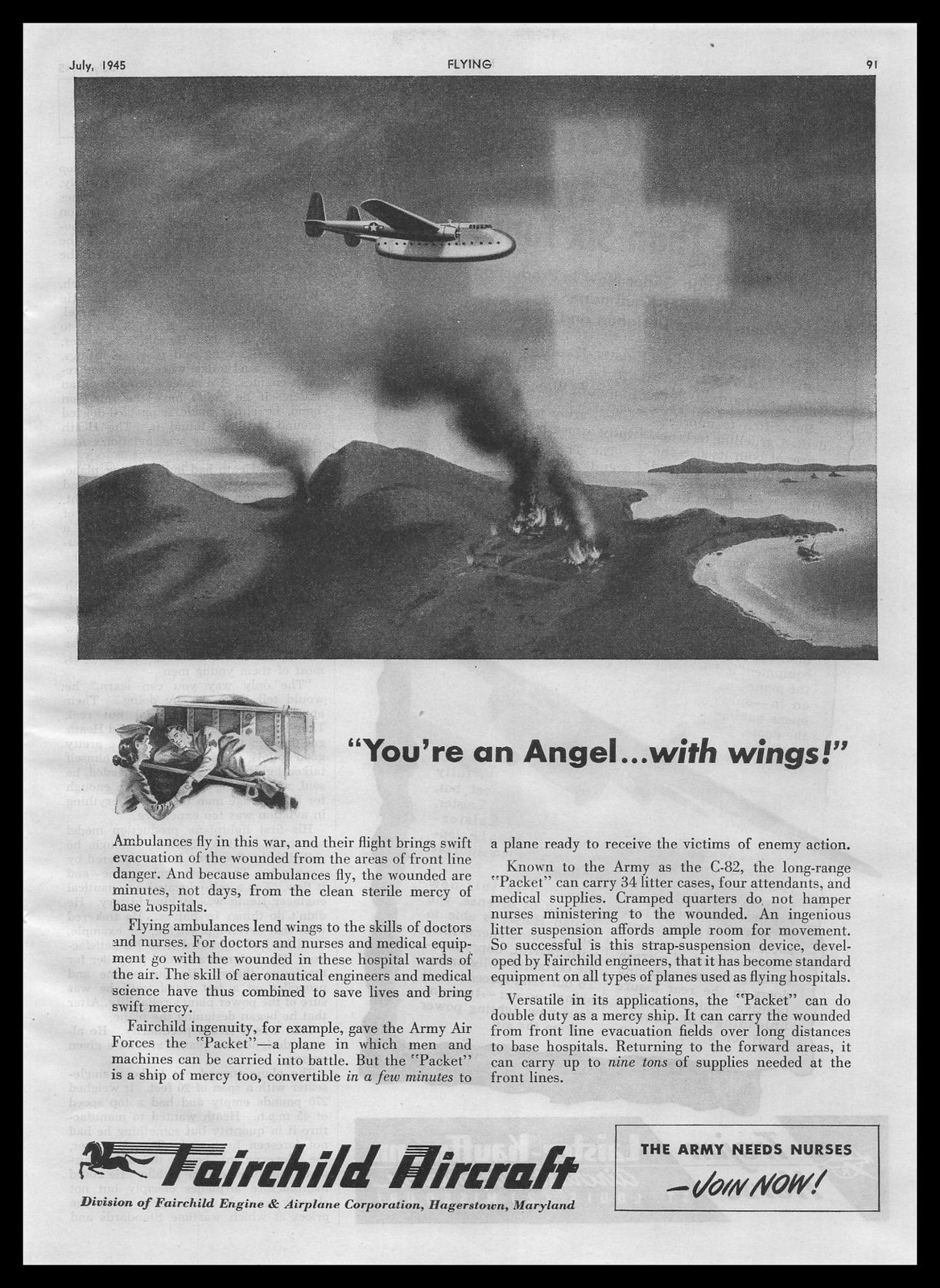1945 Fairchild Aircraft Hagerstown Maryland US Army C-82 Packet Plane Print Ad
