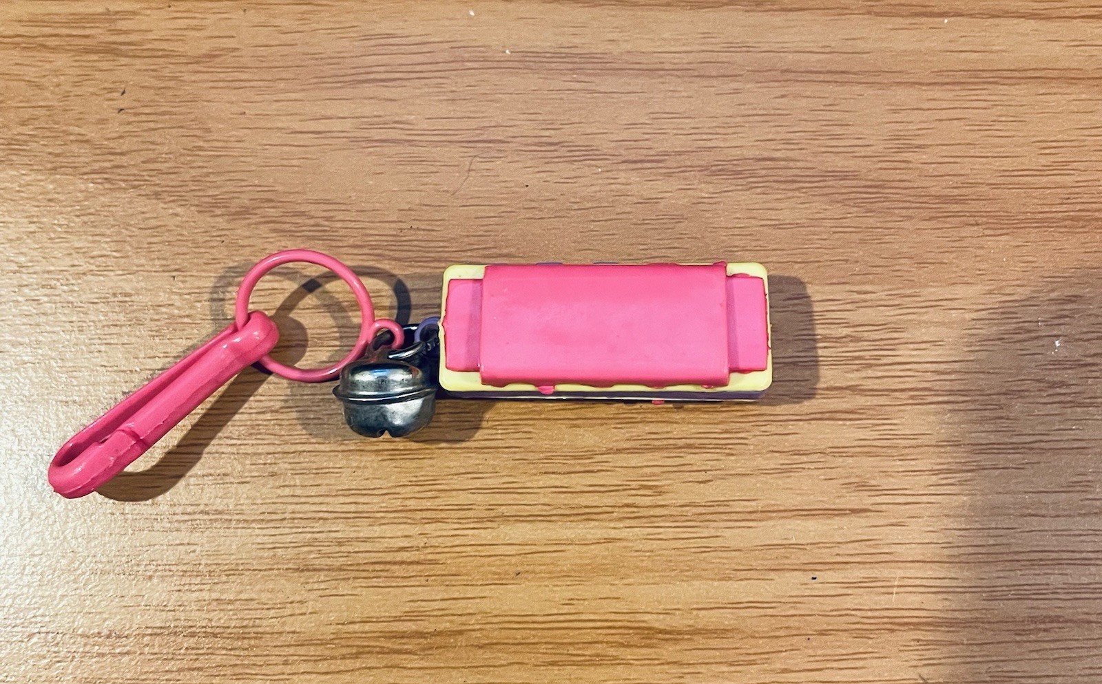 Vintage 1980s Plastic Bell Charm Harmonica Pink, Purple & Yellow 80s Necklace