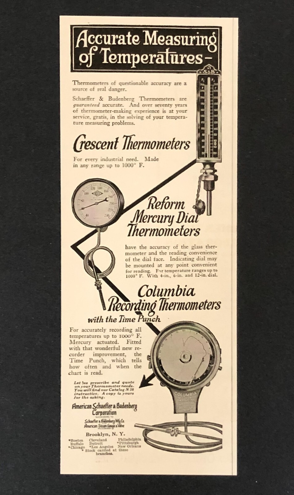 1923 Industrial Thermometers Advertisement Crescent Columbia Antique Print AD
