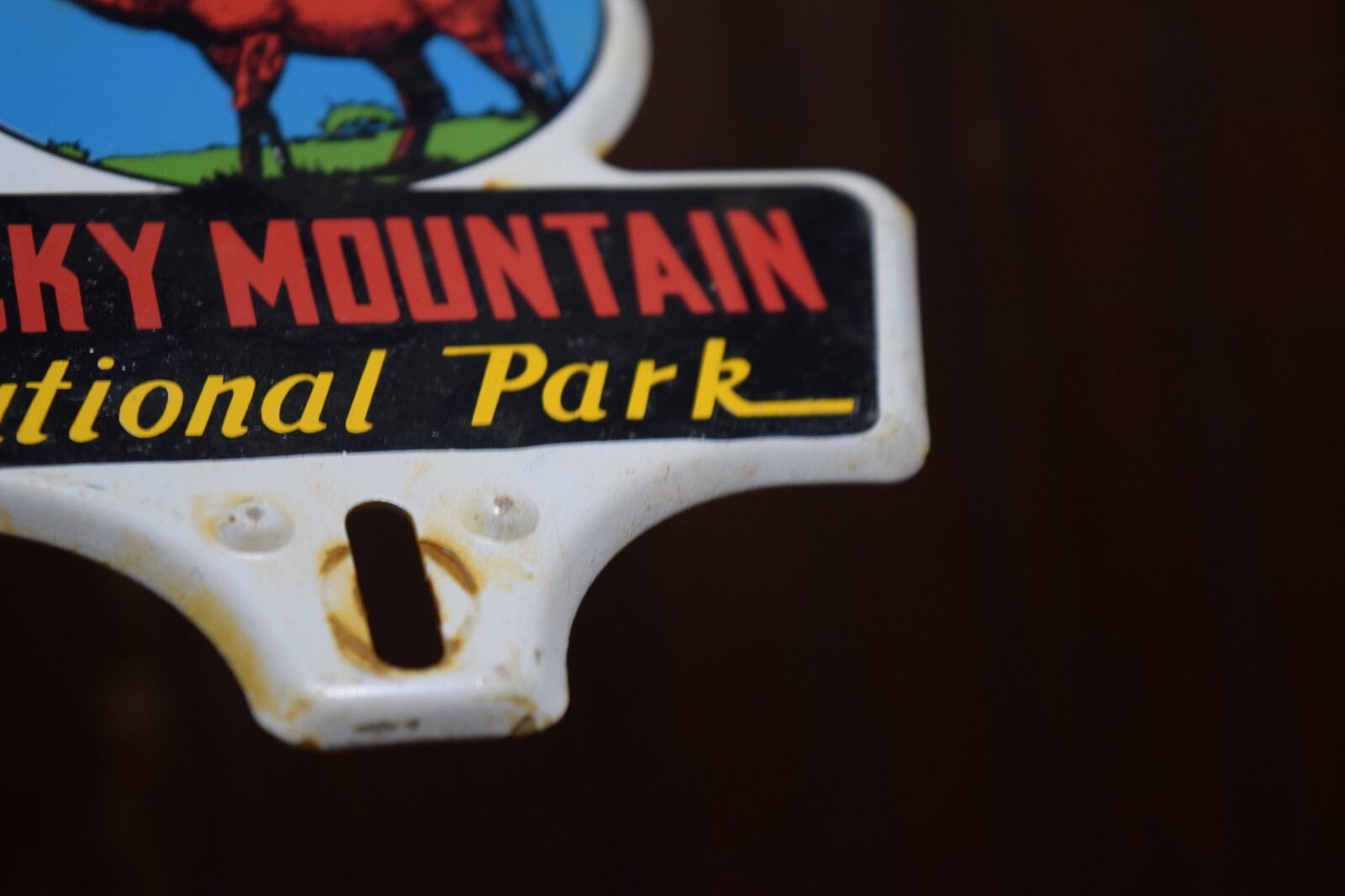 1950s ROCKY MOUNTAIN NATIONAL PARK STAMPED PAINTED METAL TOPPER SIGN ELK MOOSE