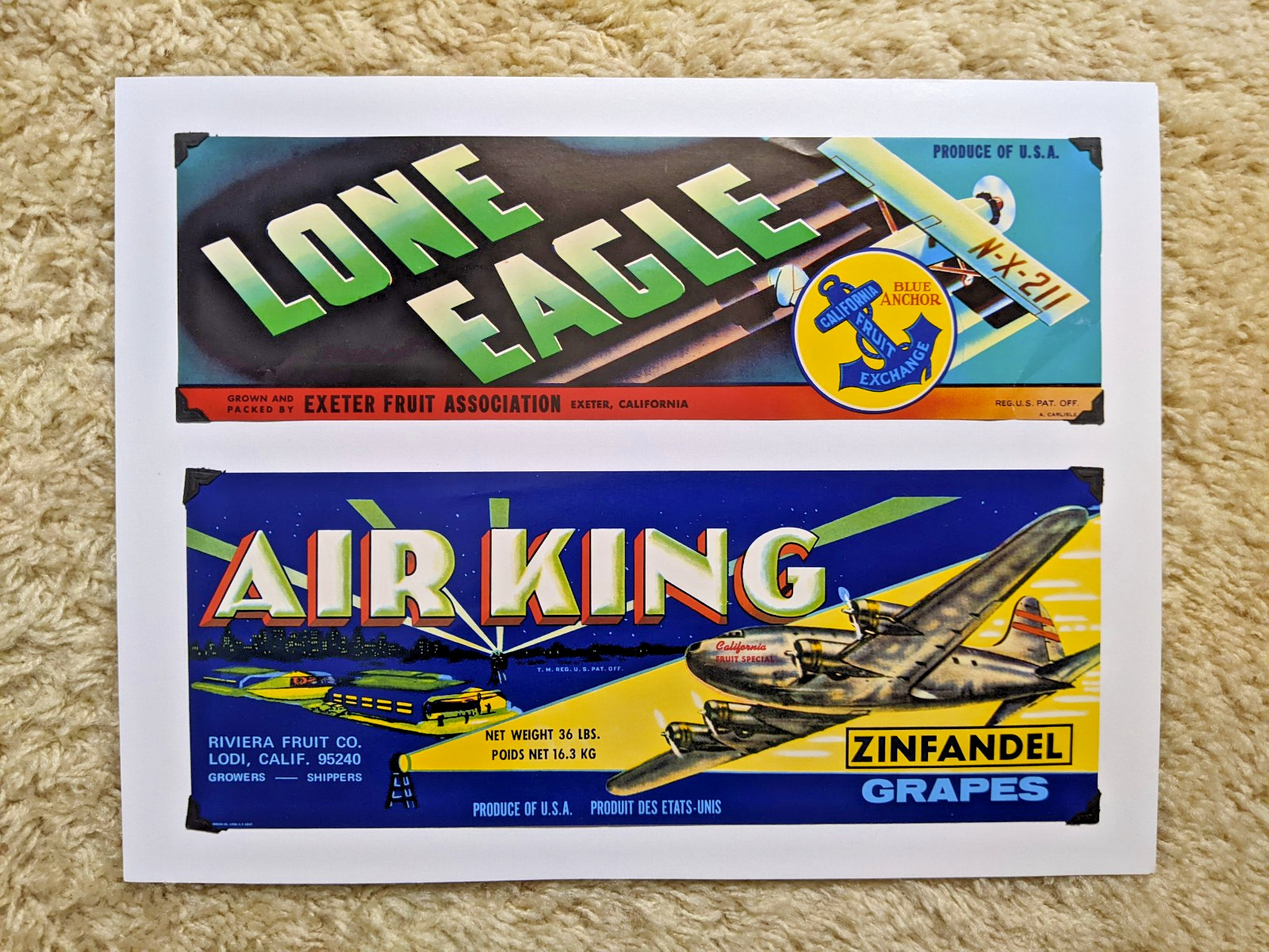 AIR KING Zinfandel Grapes Box Label Riviera Fruit & LONE EAGLE Exeter 13″ x 5″