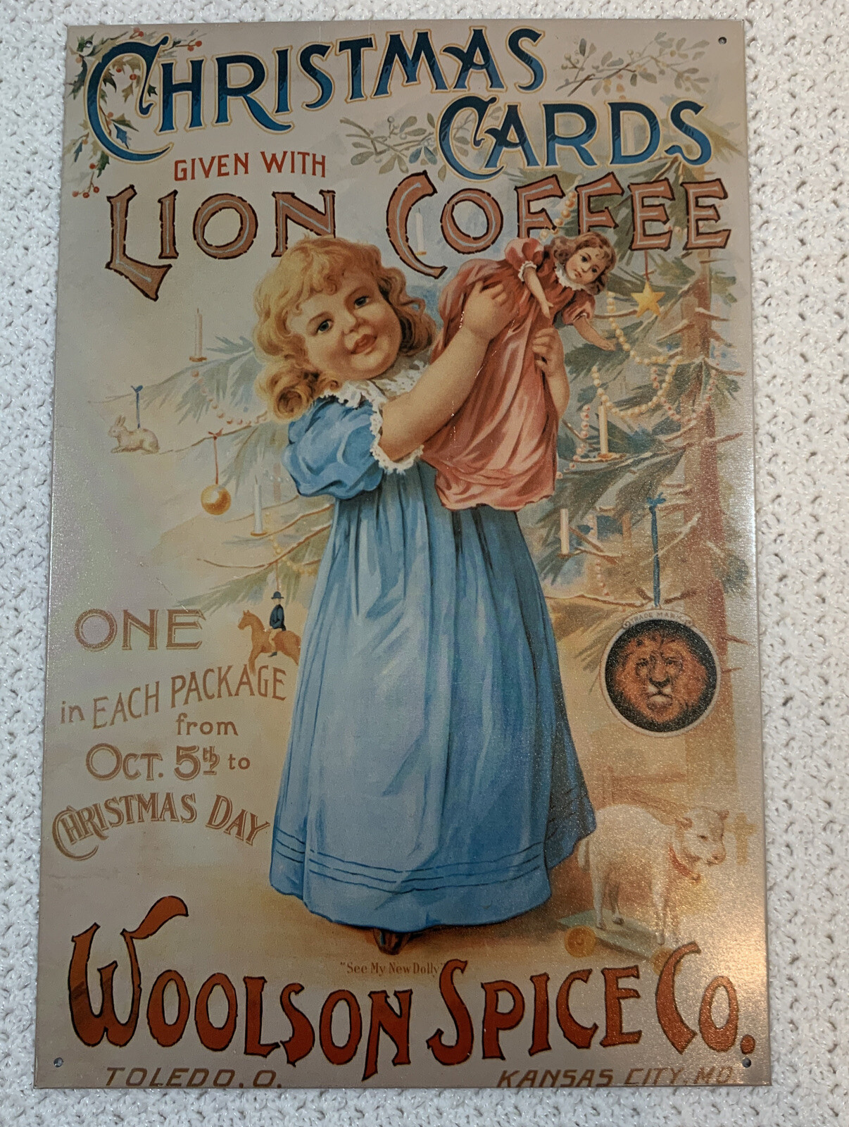 Vintage 1992 Desperate Sign Co. Lion Coffee Christmas Metal Advertising Sign