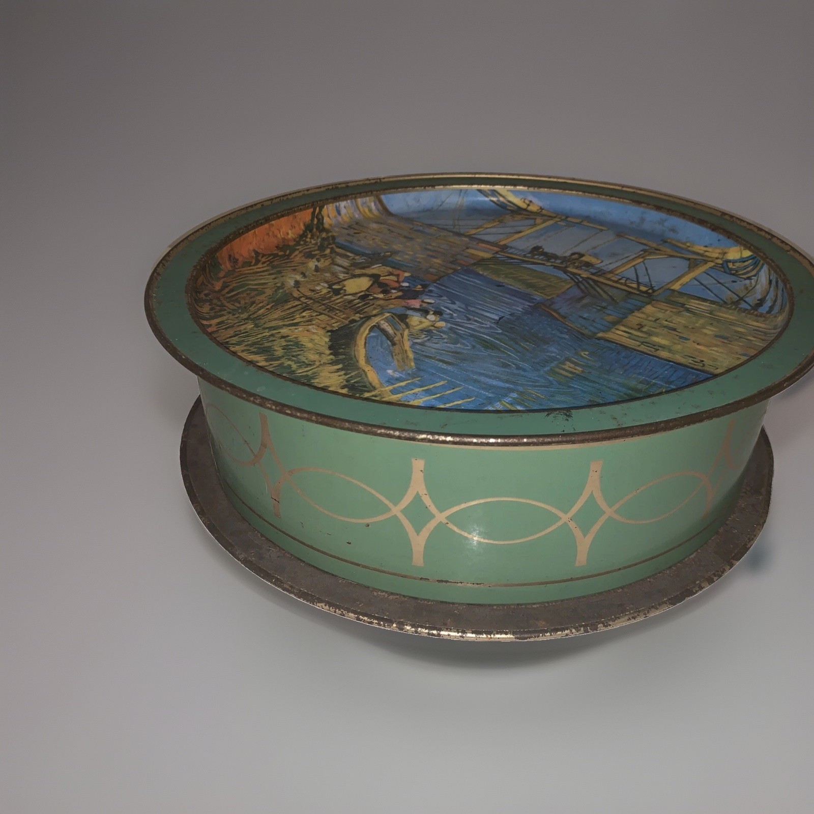 Vntg Vincent Van Gogh Landscape Large Round Tin Box From Sunshine Rare!