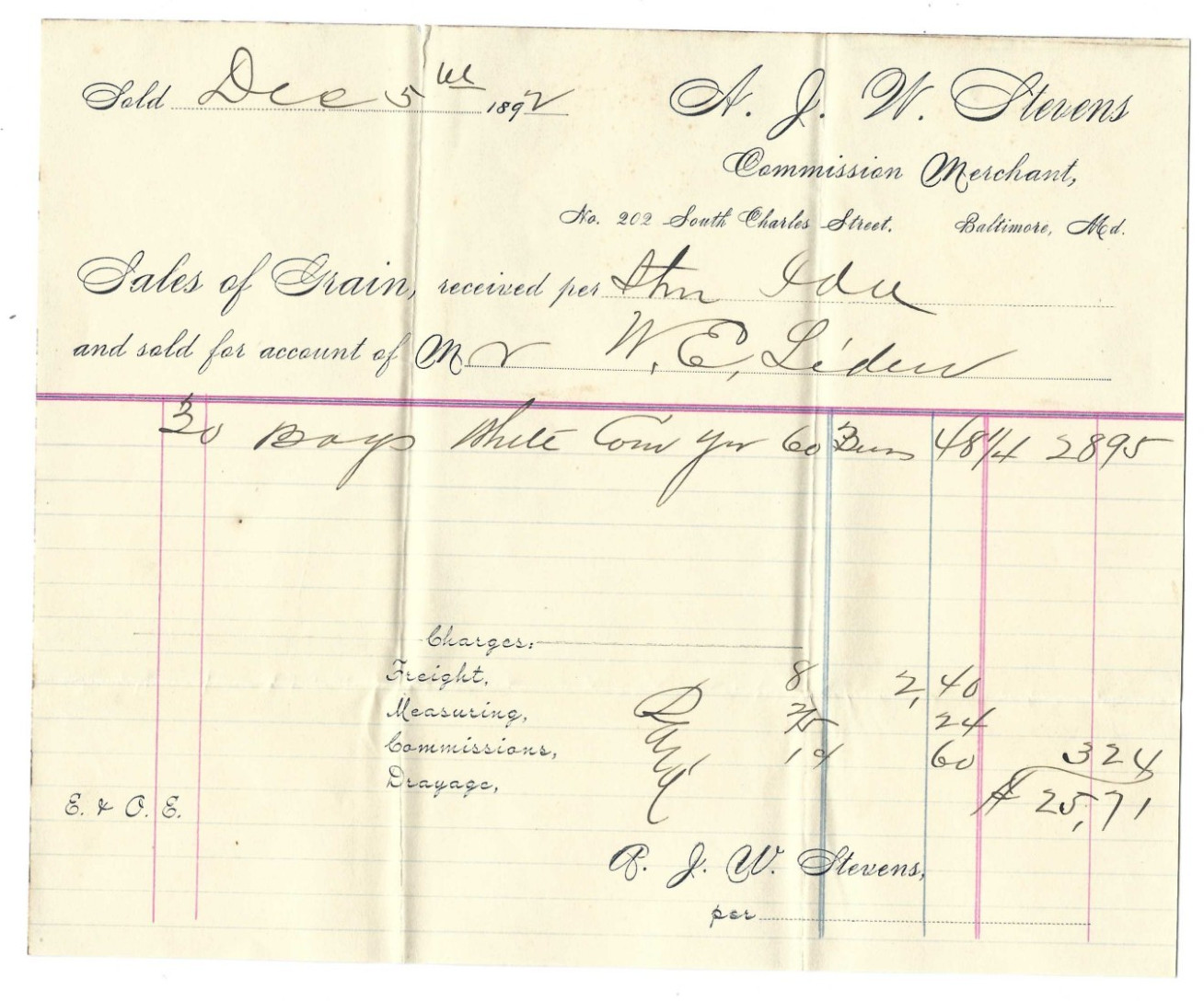 1892 Advertising Invoice AJW Stevens Commission Merchants Grain Sales Baltimore