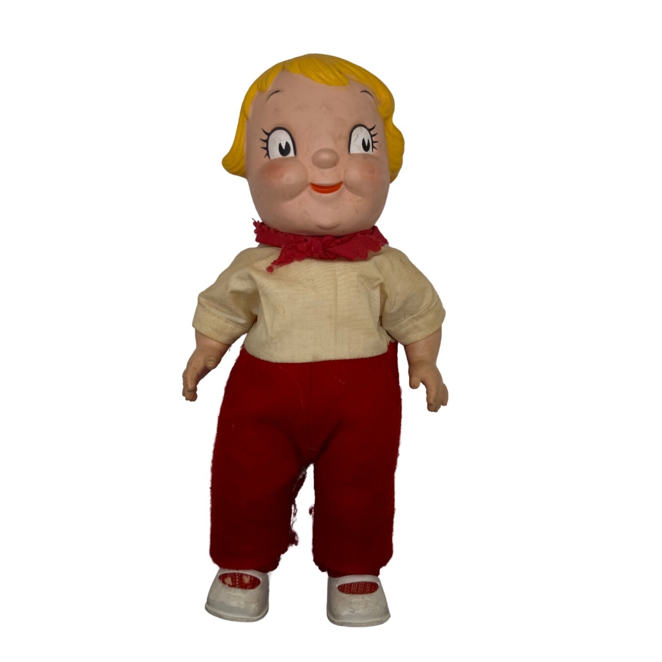Vintage 1960s Campbell’s Soup Kid Doll 10″ Rubber Face – Red Outfit – Read
