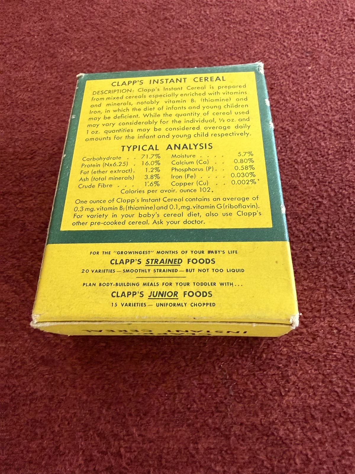 VINTAGE ADVERTISING FREE SAMPLE BOX CLAPP’S INSTANT CEREAL for BABIES ROCHESTER